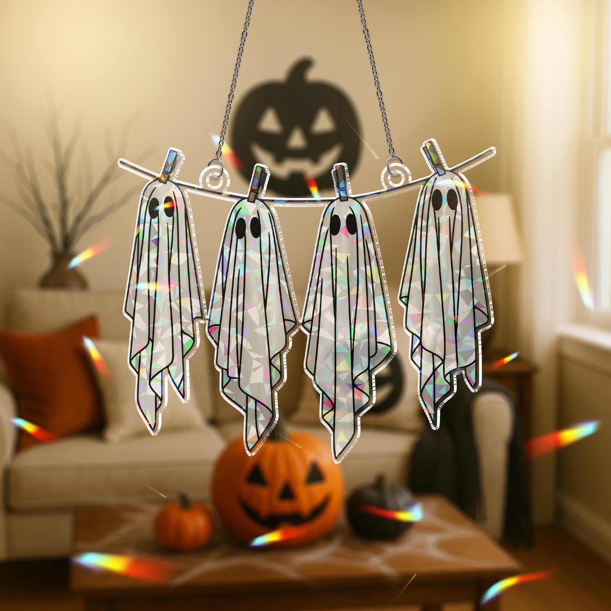 Hanging with My Boos Suncatcher – Holographic Ghost Window Decor – Halloween Acrylic Suncatcher – Cute Spooky Laundry Room Decor