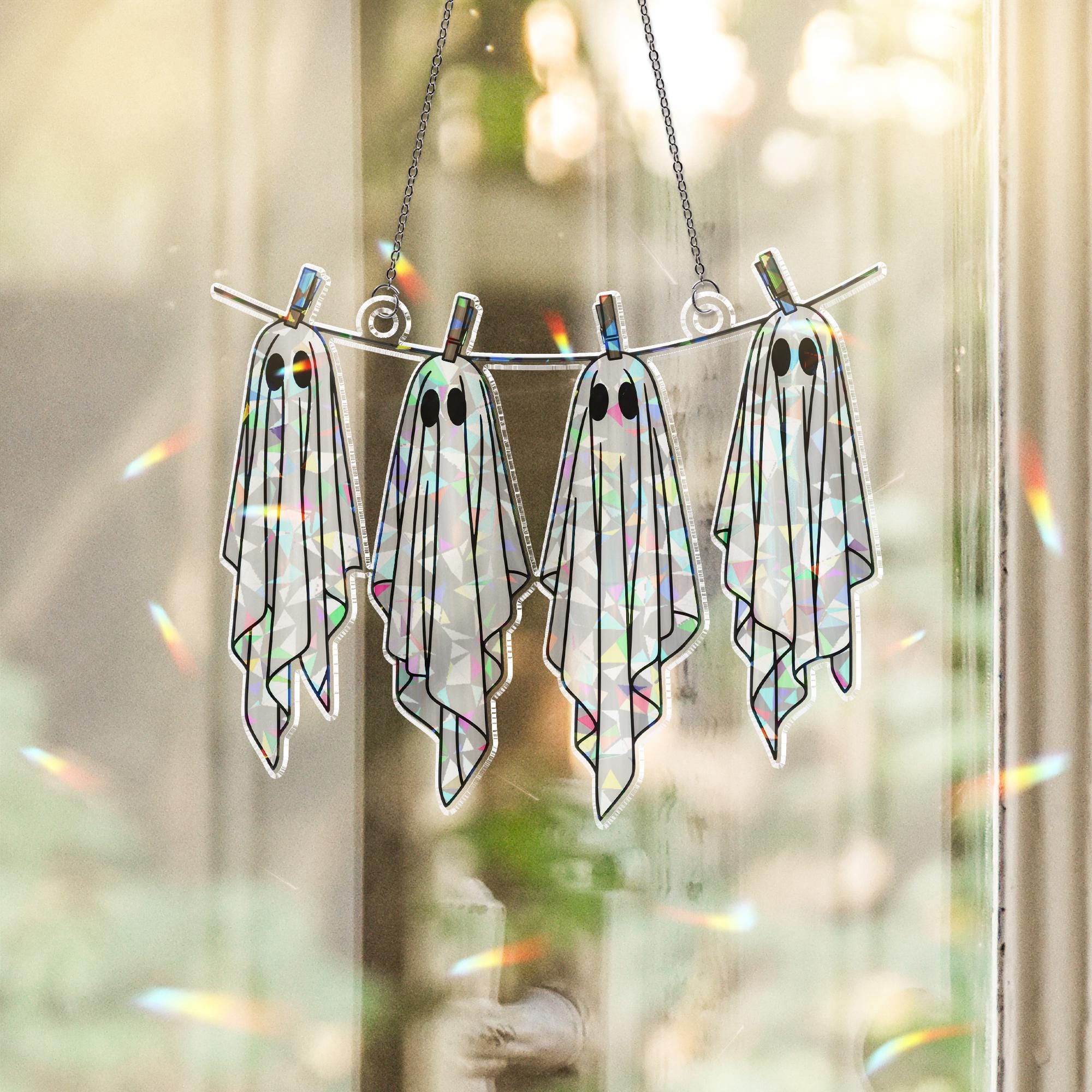 Hanging with My Boos Suncatcher – Holographic Ghost Window Decor – Halloween Acrylic Suncatcher – Cute Spooky Laundry Room Decor