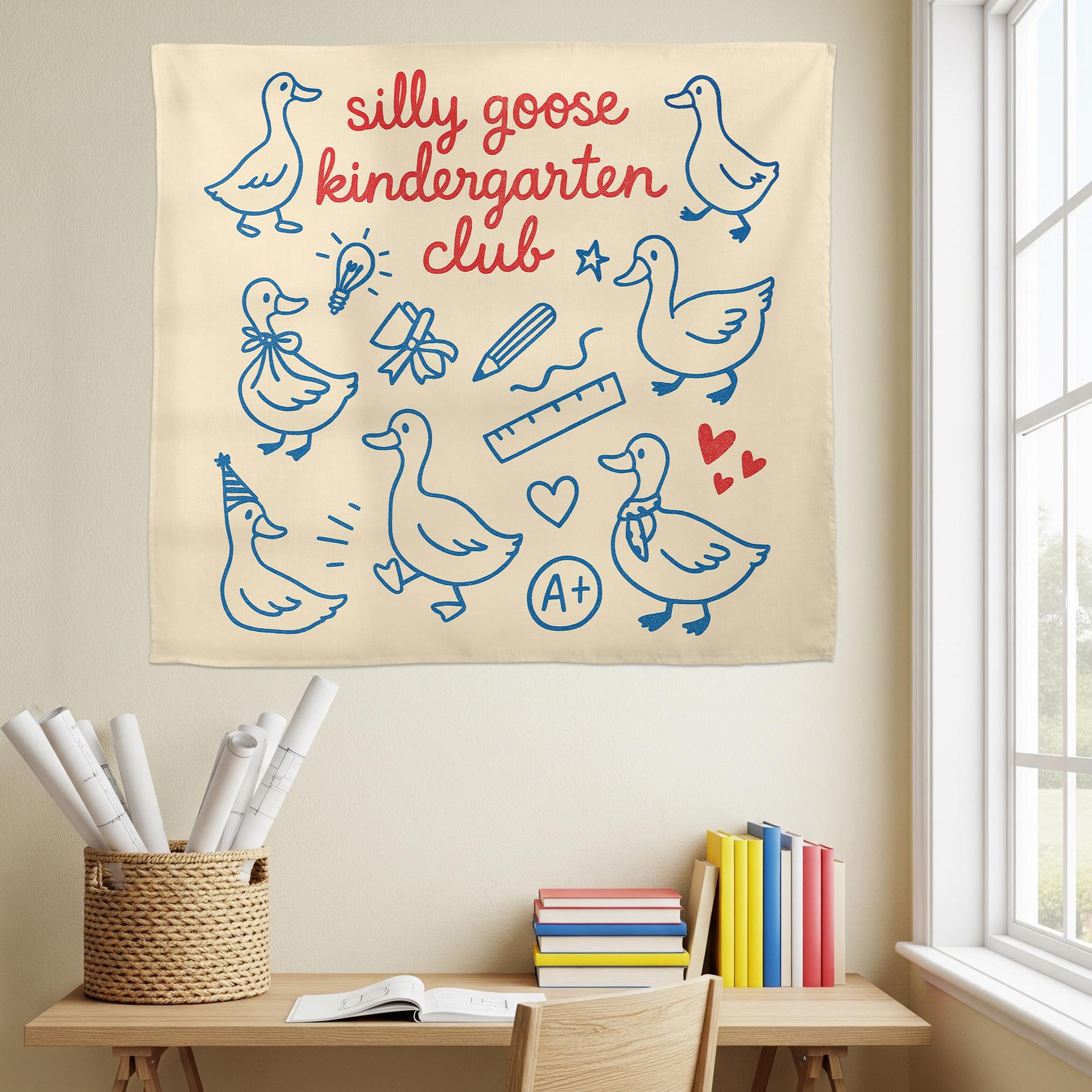Silly Goose Kindergarten Club Wall Art – Funny Classroom Decor for Teachers, Preschool, Daycare, or Homeschool Room Sign, Goose Tapestry