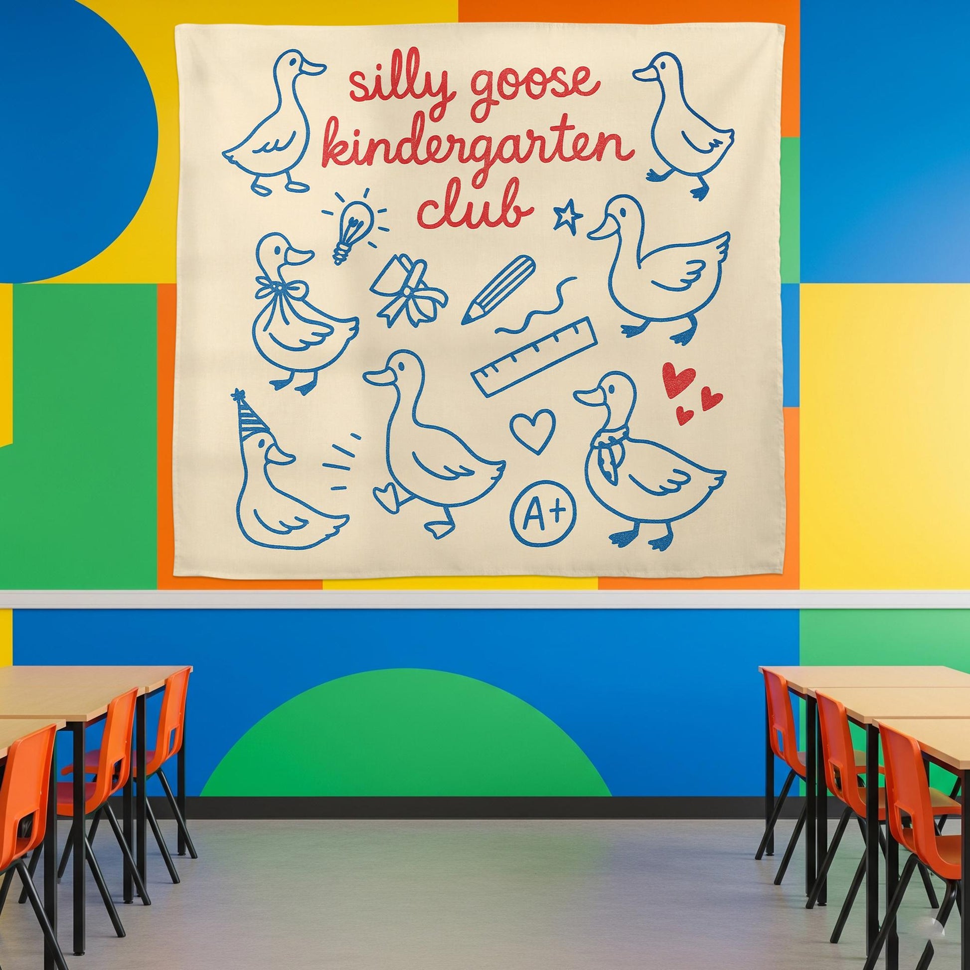 Silly Goose Kindergarten Club Wall Art – Funny Classroom Decor for Teachers, Preschool, Daycare, or Homeschool Room Sign, Goose Tapestry