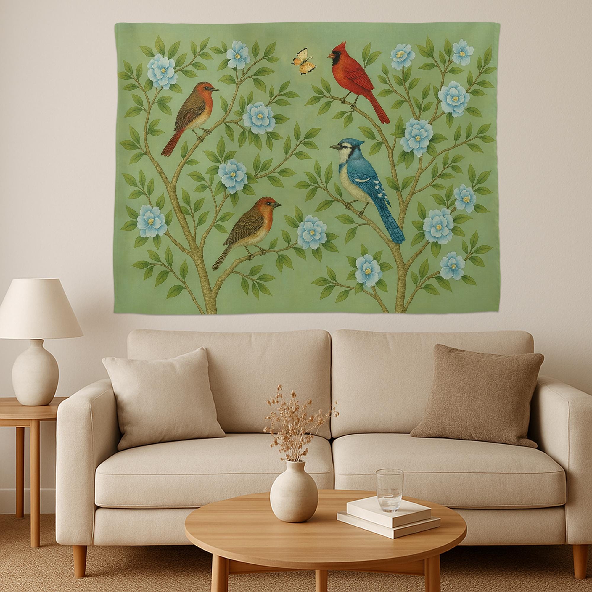 Chinoiserie Bird Wall Tapestry | Botanical Nursery Wall Art | Blue Floral Garden Decor | Vintage Nature Wall Hanging | Cardinal and Blue Jay