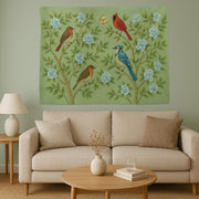 Chinoiserie Bird Wall Tapestry | Botanical Nursery Wall Art | Blue Floral Garden Decor | Vintage Nature Wall Hanging | Cardinal and Blue Jay