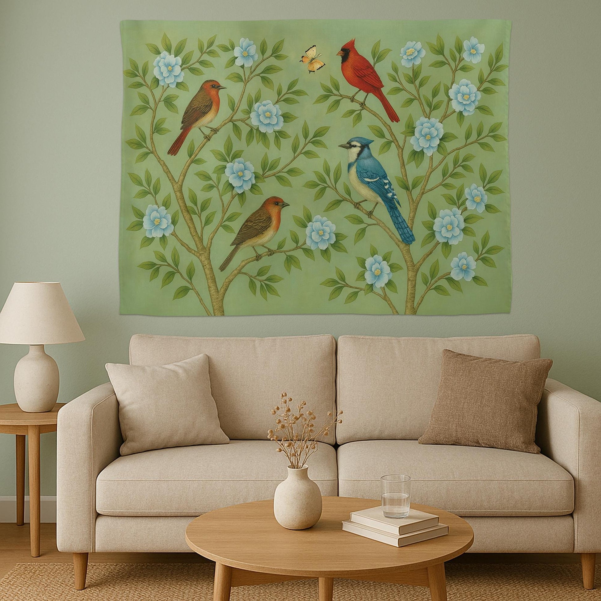Chinoiserie Bird Wall Tapestry | Botanical Nursery Wall Art | Blue Floral Garden Decor | Vintage Nature Wall Hanging | Cardinal and Blue Jay