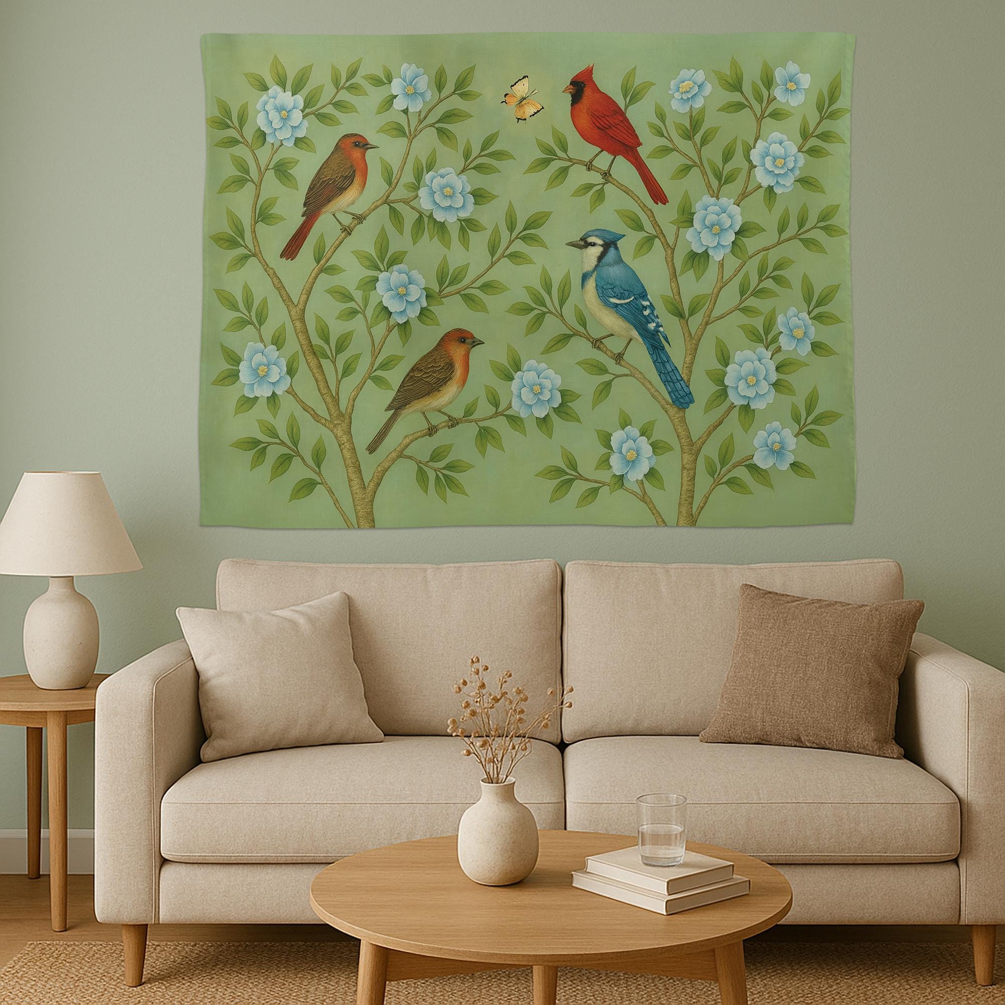 Chinoiserie Bird Wall Tapestry | Botanical Nursery Wall Art | Blue Floral Garden Decor | Vintage Nature Wall Hanging | Cardinal and Blue Jay
