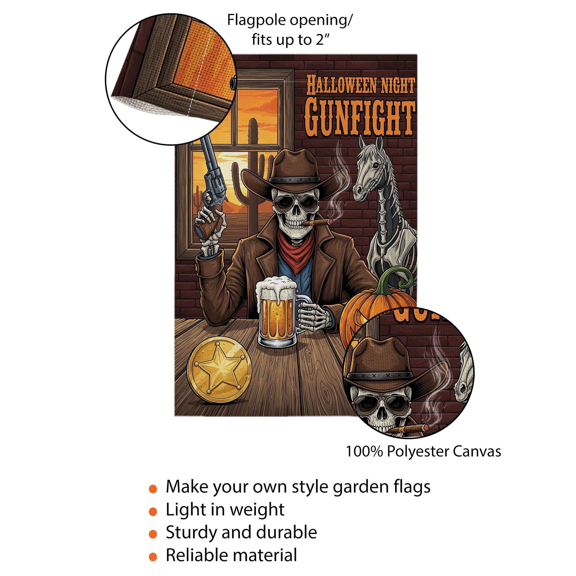 Halloween Skeleton Cowboy Garden Flag - Western Gunfight Beer Decor - Spooky Ghost Horse Yard Sign - Fall Outdoor Porch Decoration