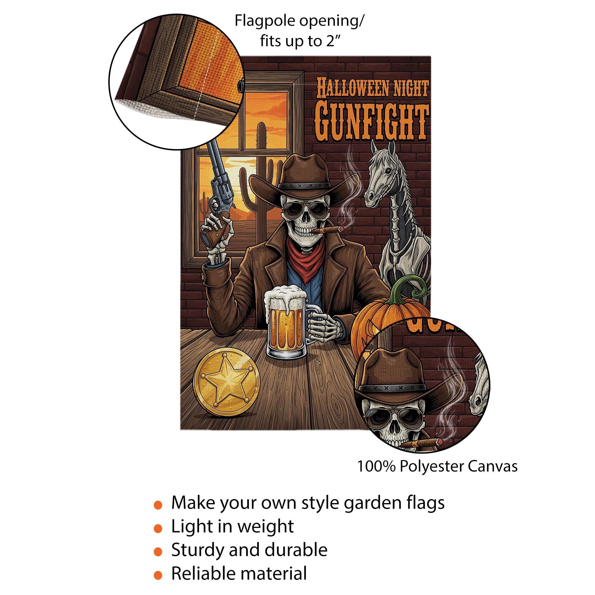 Halloween Skeleton Cowboy Garden Flag - Western Gunfight Beer Decor - Spooky Ghost Horse Yard Sign - Fall Outdoor Porch Decoration