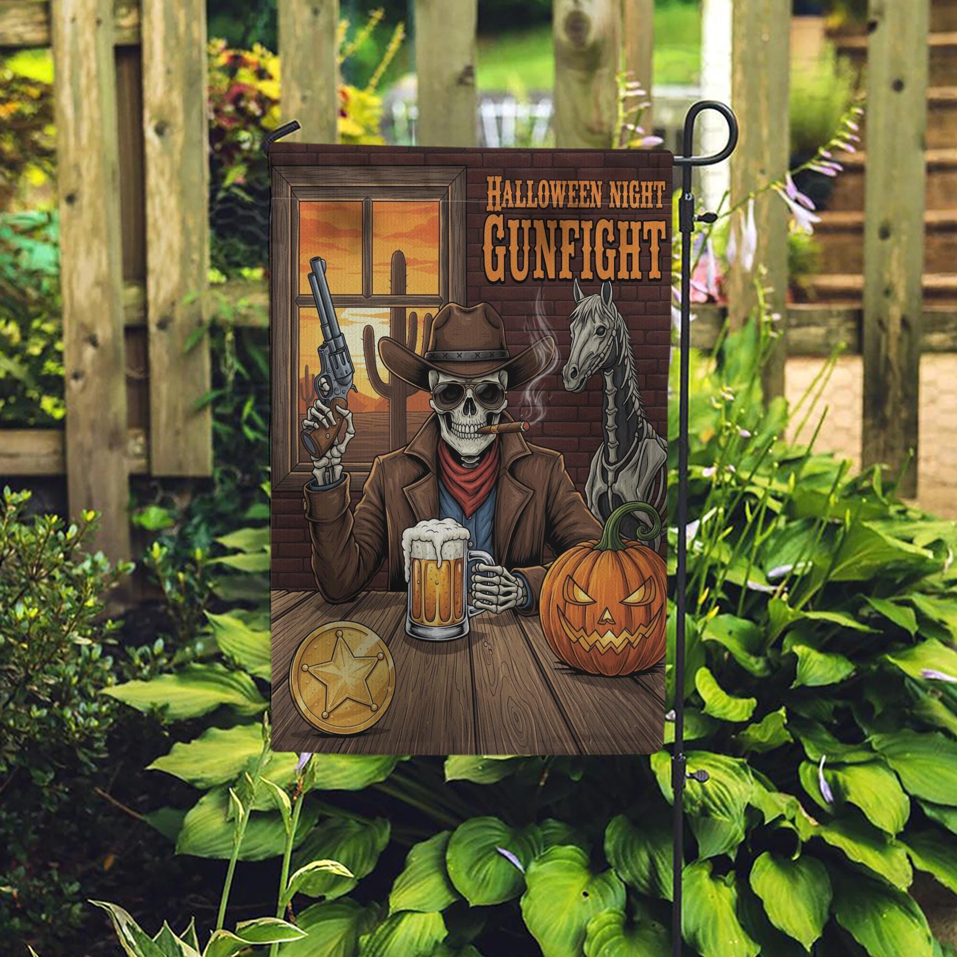 Halloween Skeleton Cowboy Garden Flag - Western Gunfight Beer Decor - Spooky Ghost Horse Yard Sign - Fall Outdoor Porch Decoration