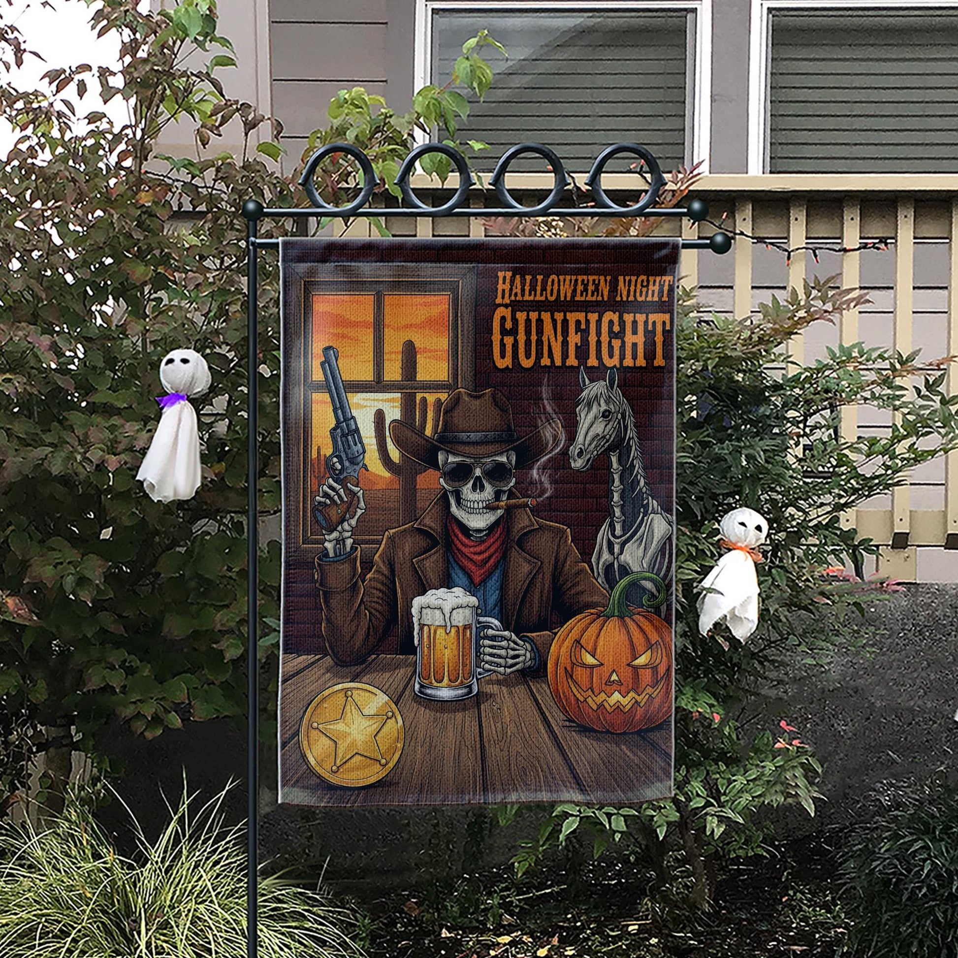 Halloween Skeleton Cowboy Garden Flag - Western Gunfight Beer Decor - Spooky Ghost Horse Yard Sign - Fall Outdoor Porch Decoration