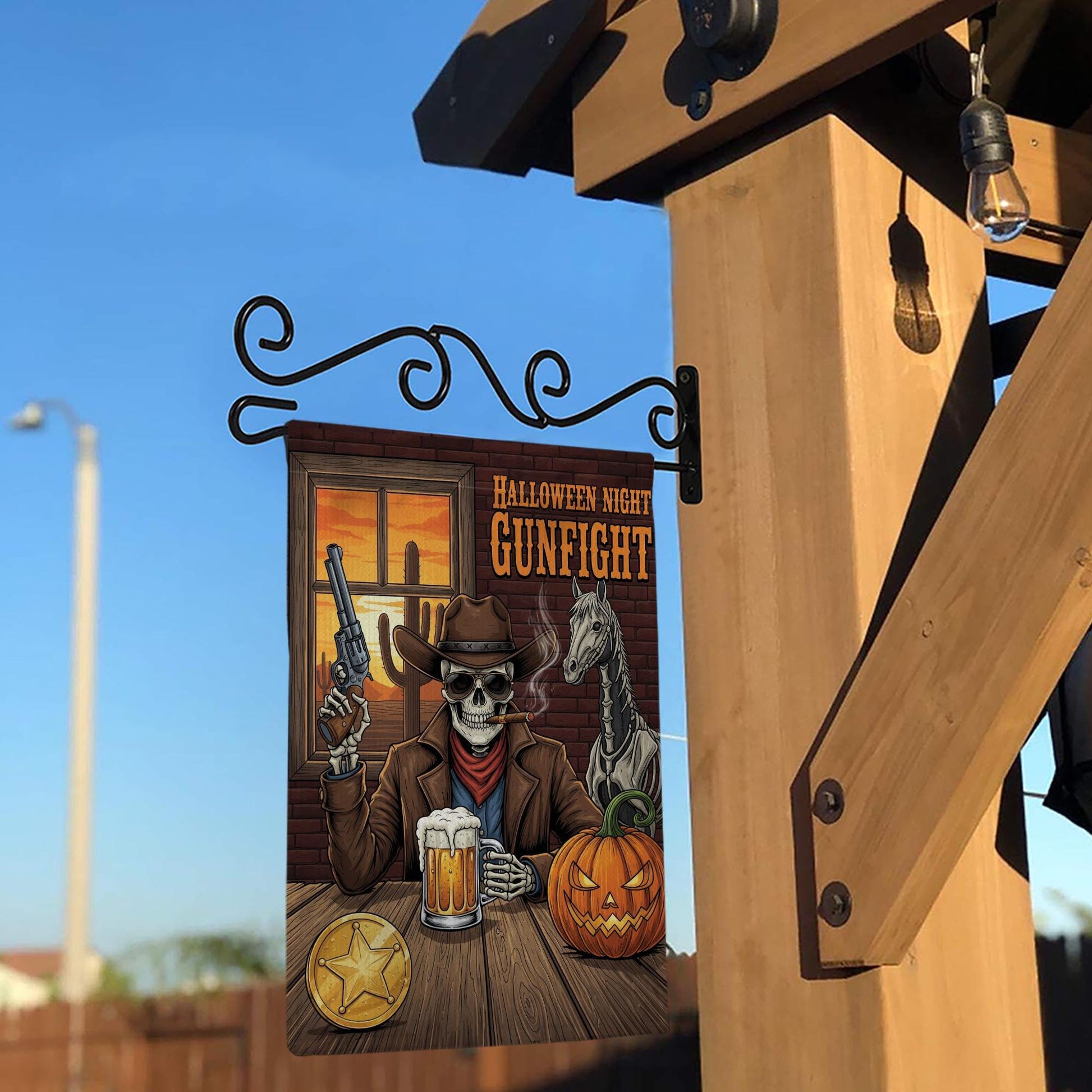 Halloween Skeleton Cowboy Garden Flag - Western Gunfight Beer Decor - Spooky Ghost Horse Yard Sign - Fall Outdoor Porch Decoration