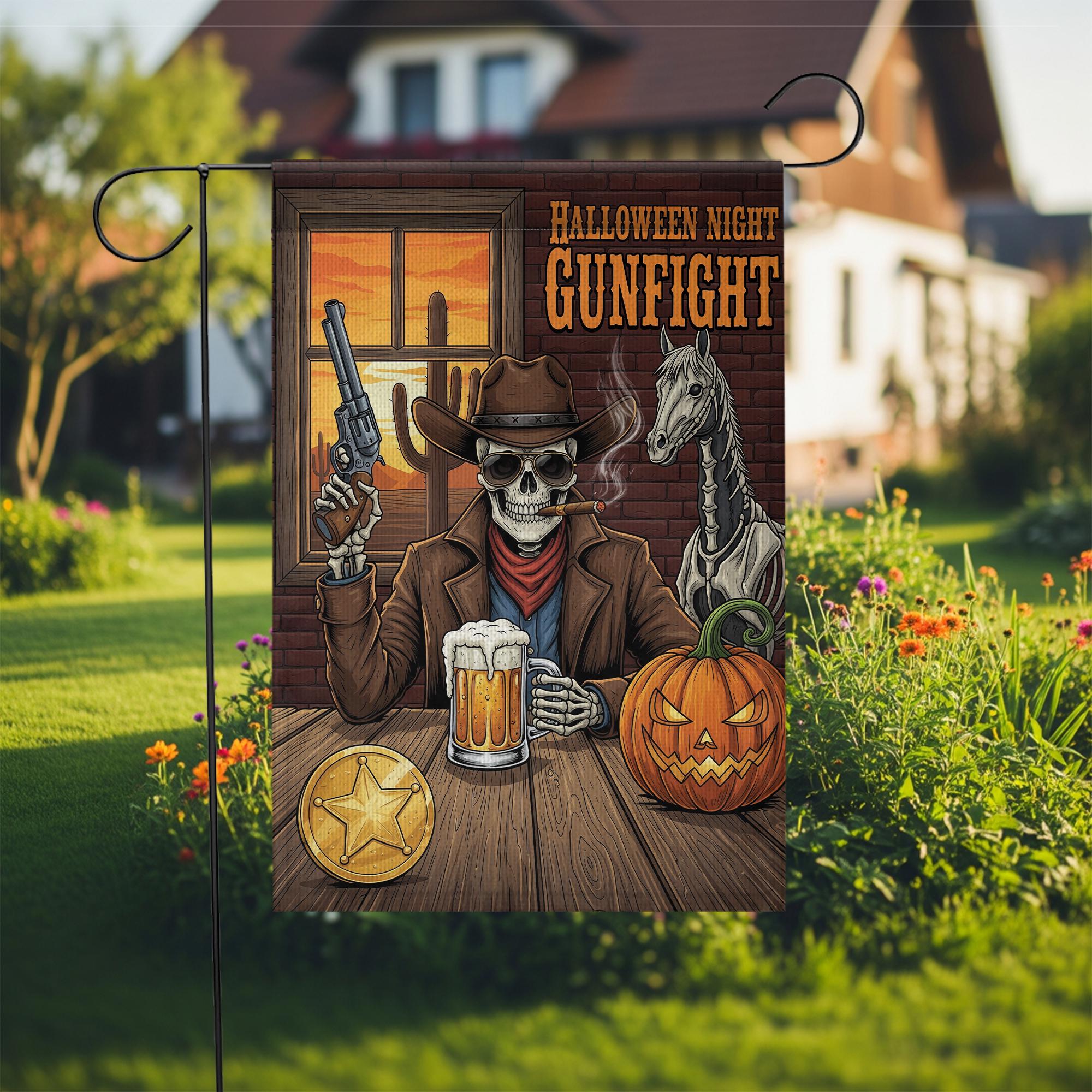 Halloween Skeleton Cowboy Garden Flag - Western Gunfight Beer Decor - Spooky Ghost Horse Yard Sign - Fall Outdoor Porch Decoration
