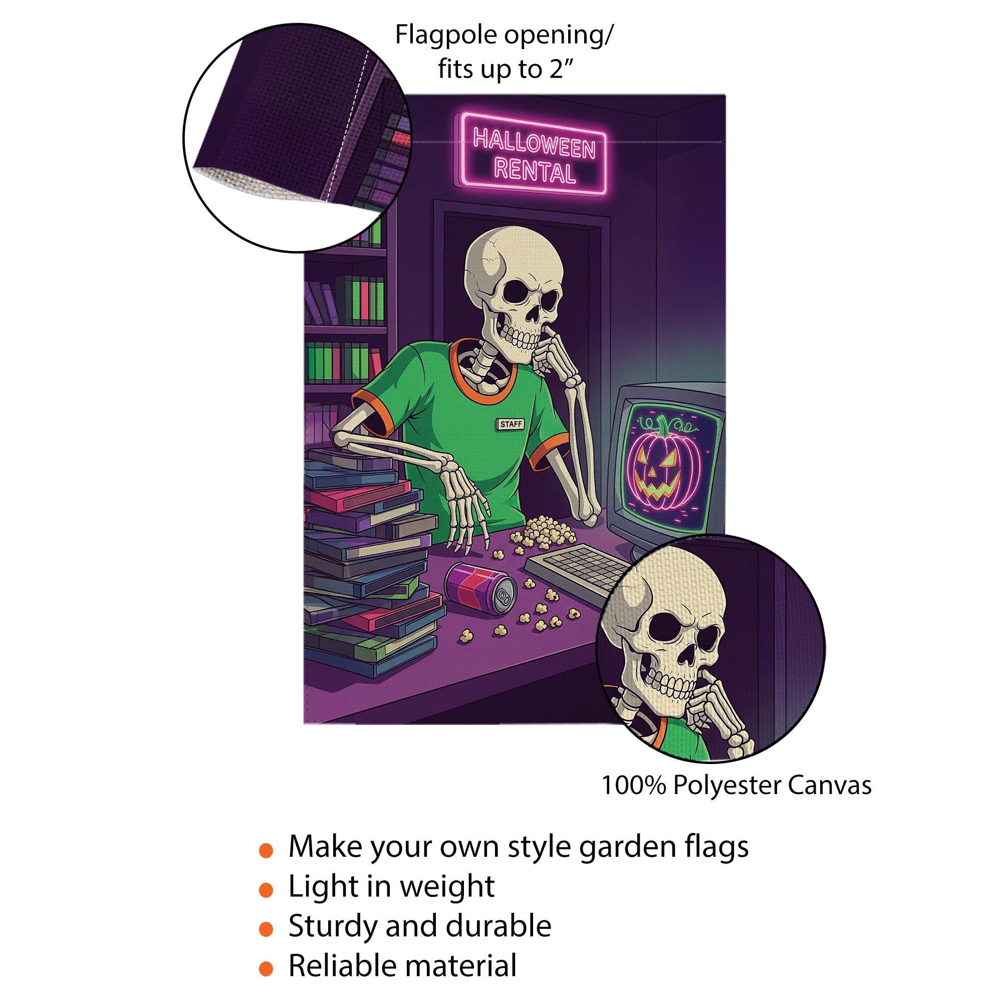 Retro Halloween Garden Flag - Skeleton Video Rental Store Decor - Spooky Movie Night Yard Sign - 80s 90s VHS Fall Decoration