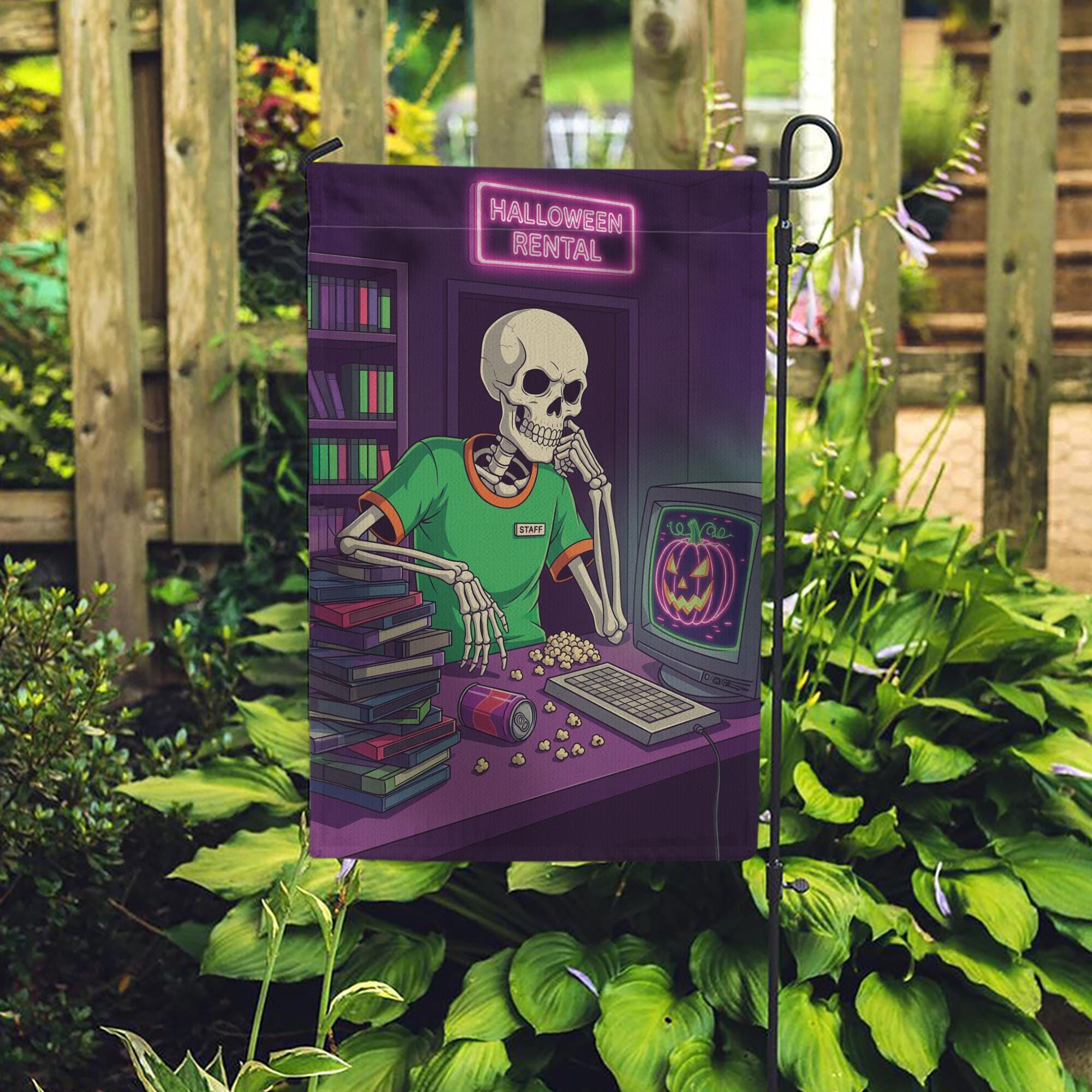 Retro Halloween Garden Flag - Skeleton Video Rental Store Decor - Spooky Movie Night Yard Sign - 80s 90s VHS Fall Decoration