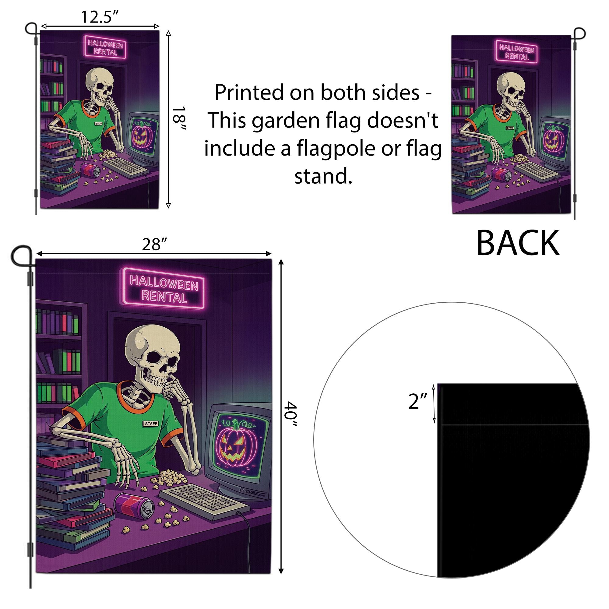 Retro Halloween Garden Flag - Skeleton Video Rental Store Decor - Spooky Movie Night Yard Sign - 80s 90s VHS Fall Decoration