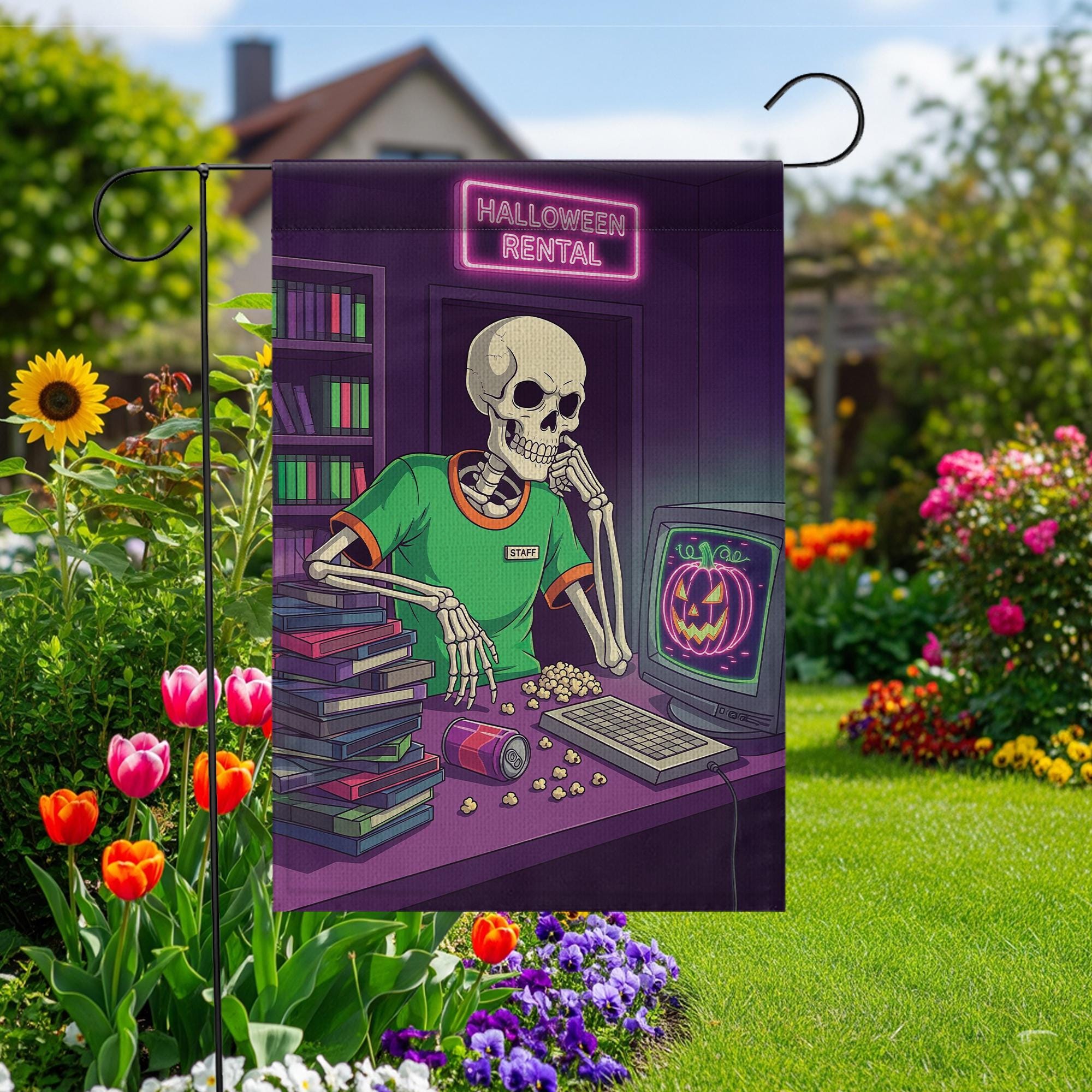 Retro Halloween Garden Flag - Skeleton Video Rental Store Decor - Spooky Movie Night Yard Sign - 80s 90s VHS Fall Decoration