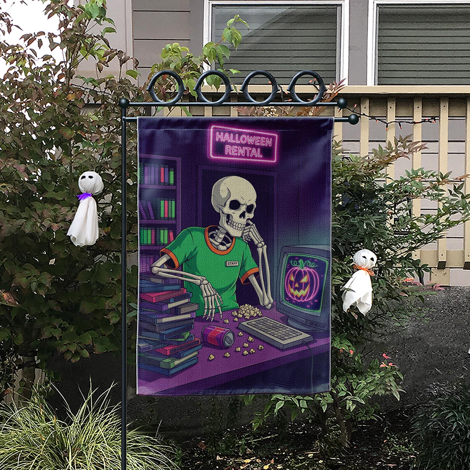 Retro Halloween Garden Flag - Skeleton Video Rental Store Decor - Spooky Movie Night Yard Sign - 80s 90s VHS Fall Decoration