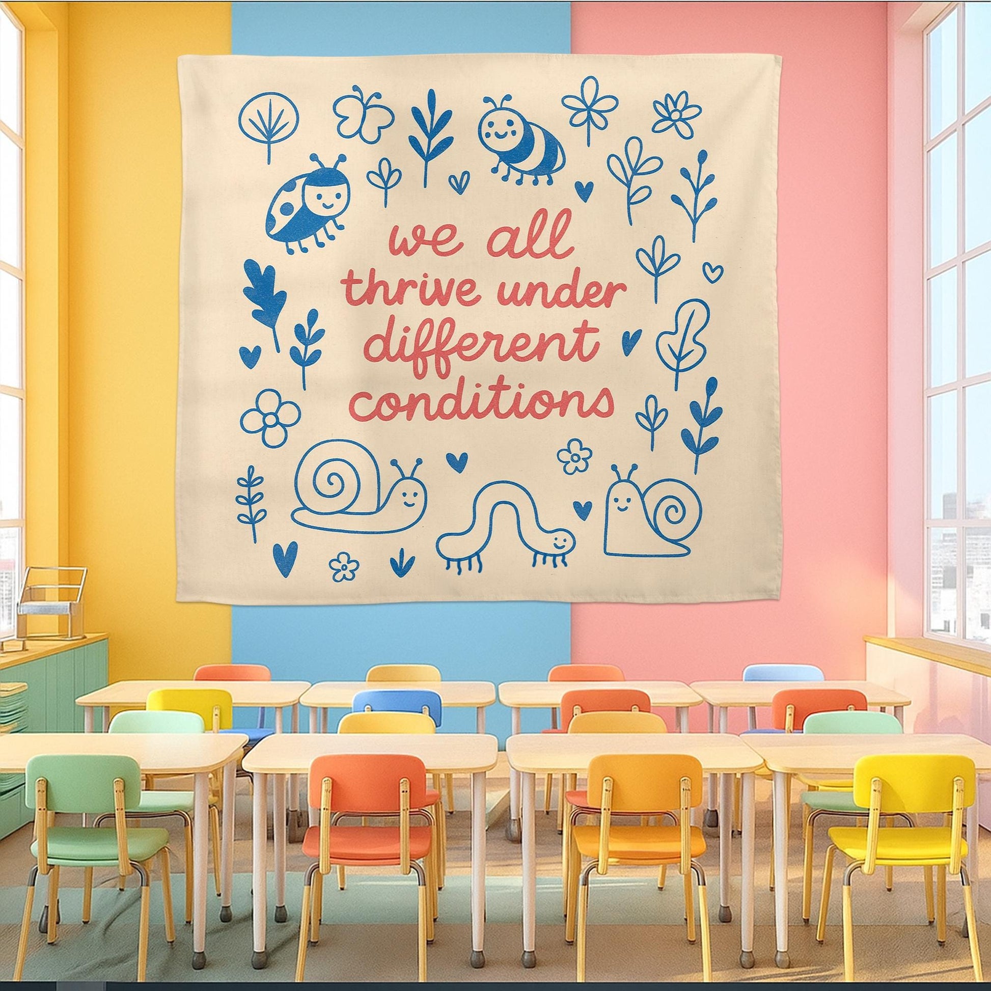 We All Thrive Under Different Conditions Tapestry Wall Art – Inclusive Classroom Decor, Growth Mindset Poster for Preschool or Daycare Room