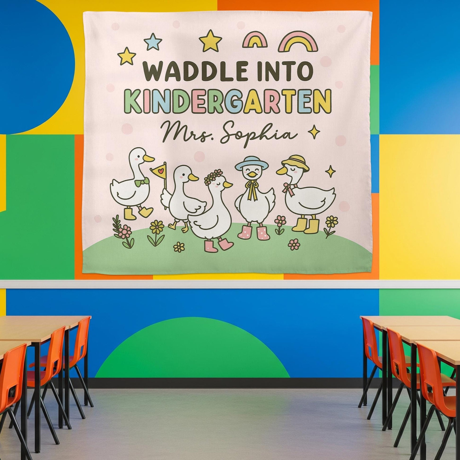 Waddle Into Kindergarten Tapestry – Personalized Goose Classroom Wall Art for Teachers, Cute Back to School Decor for Preschool or Daycare