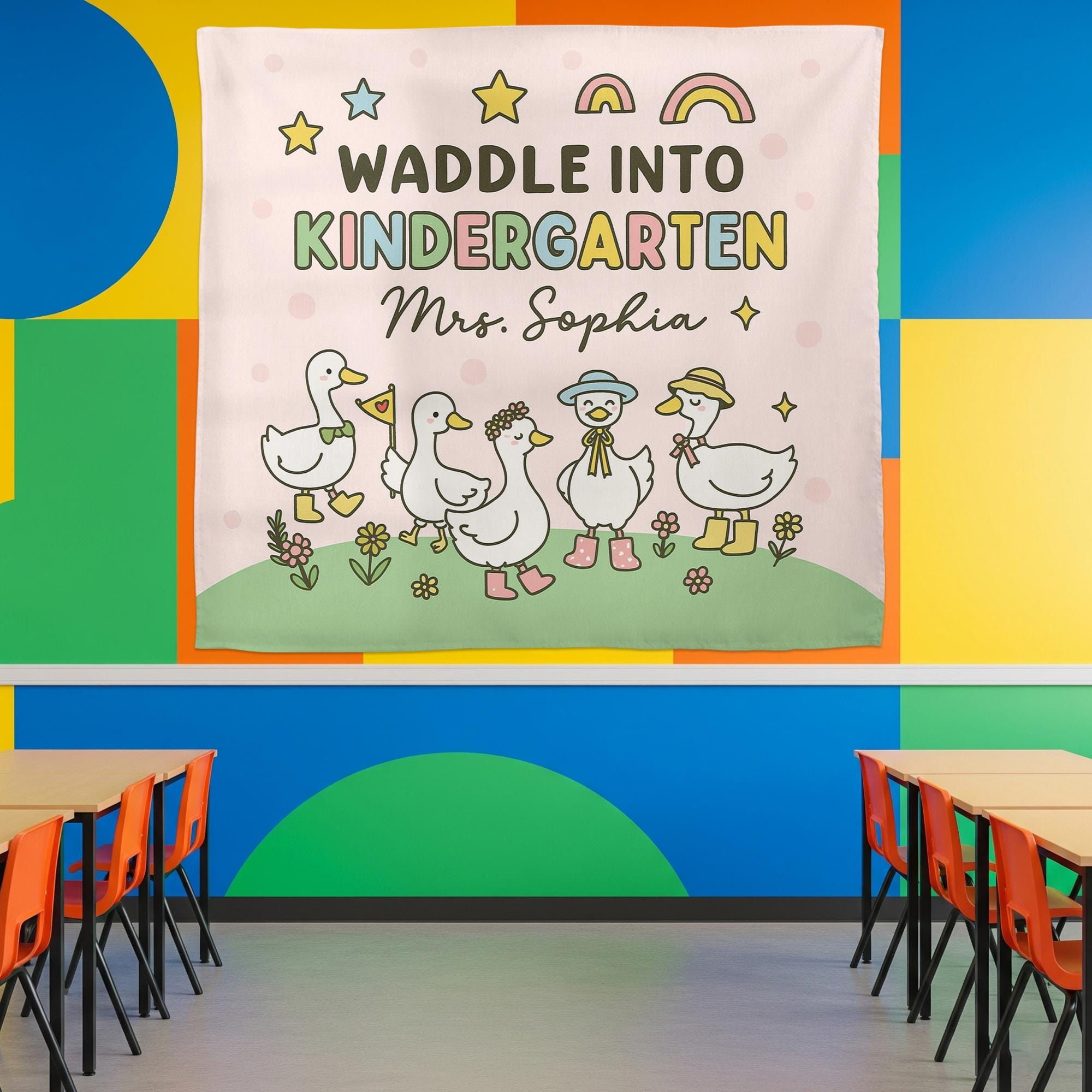 Waddle Into Kindergarten Tapestry – Personalized Goose Classroom Wall Art for Teachers, Cute Back to School Decor for Preschool or Daycare