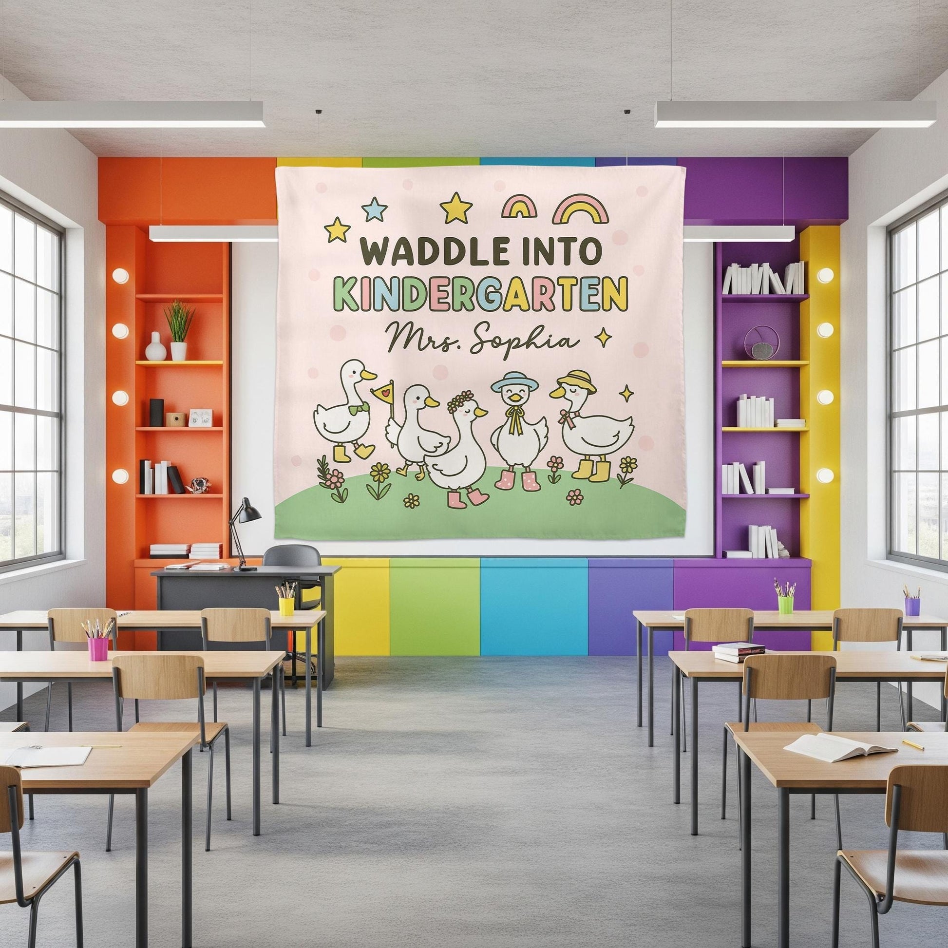 Waddle Into Kindergarten Tapestry – Personalized Goose Classroom Wall Art for Teachers, Cute Back to School Decor for Preschool or Daycare