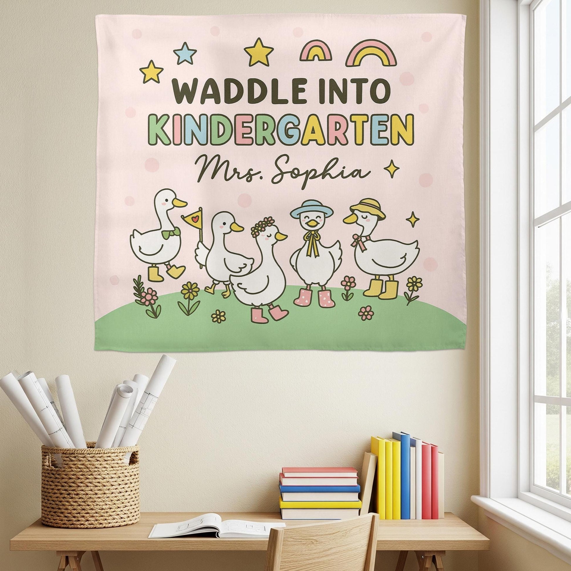 Waddle Into Kindergarten Tapestry – Personalized Goose Classroom Wall Art for Teachers, Cute Back to School Decor for Preschool or Daycare
