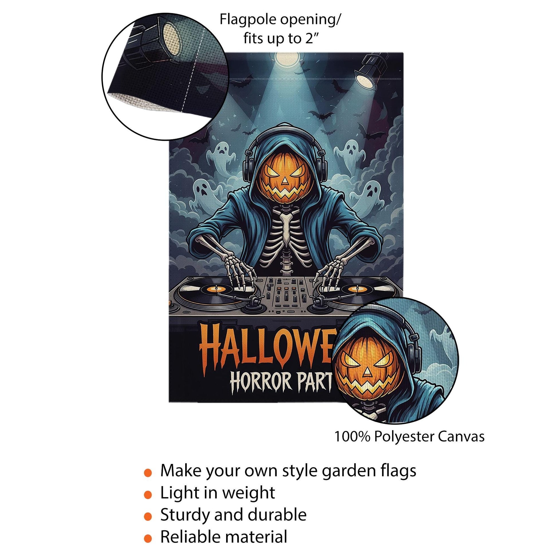 Halloween DJ Skeleton Garden Flag - Pumpkin Head Horror Party Yard Decor - Spooky Music Outdoor Decoration - Ghost DJ Fall Flag