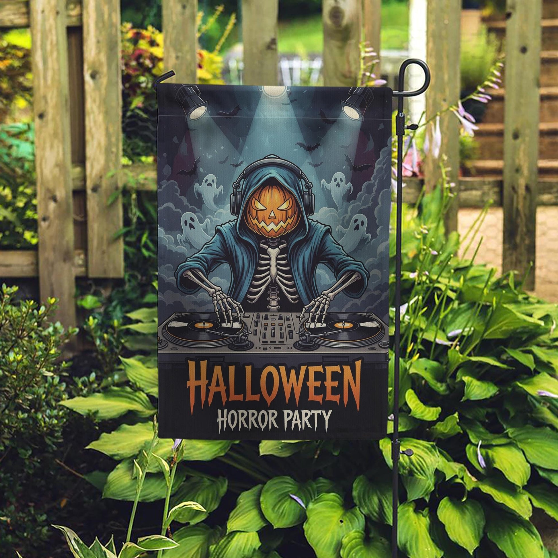 Halloween DJ Skeleton Garden Flag - Pumpkin Head Horror Party Yard Decor - Spooky Music Outdoor Decoration - Ghost DJ Fall Flag