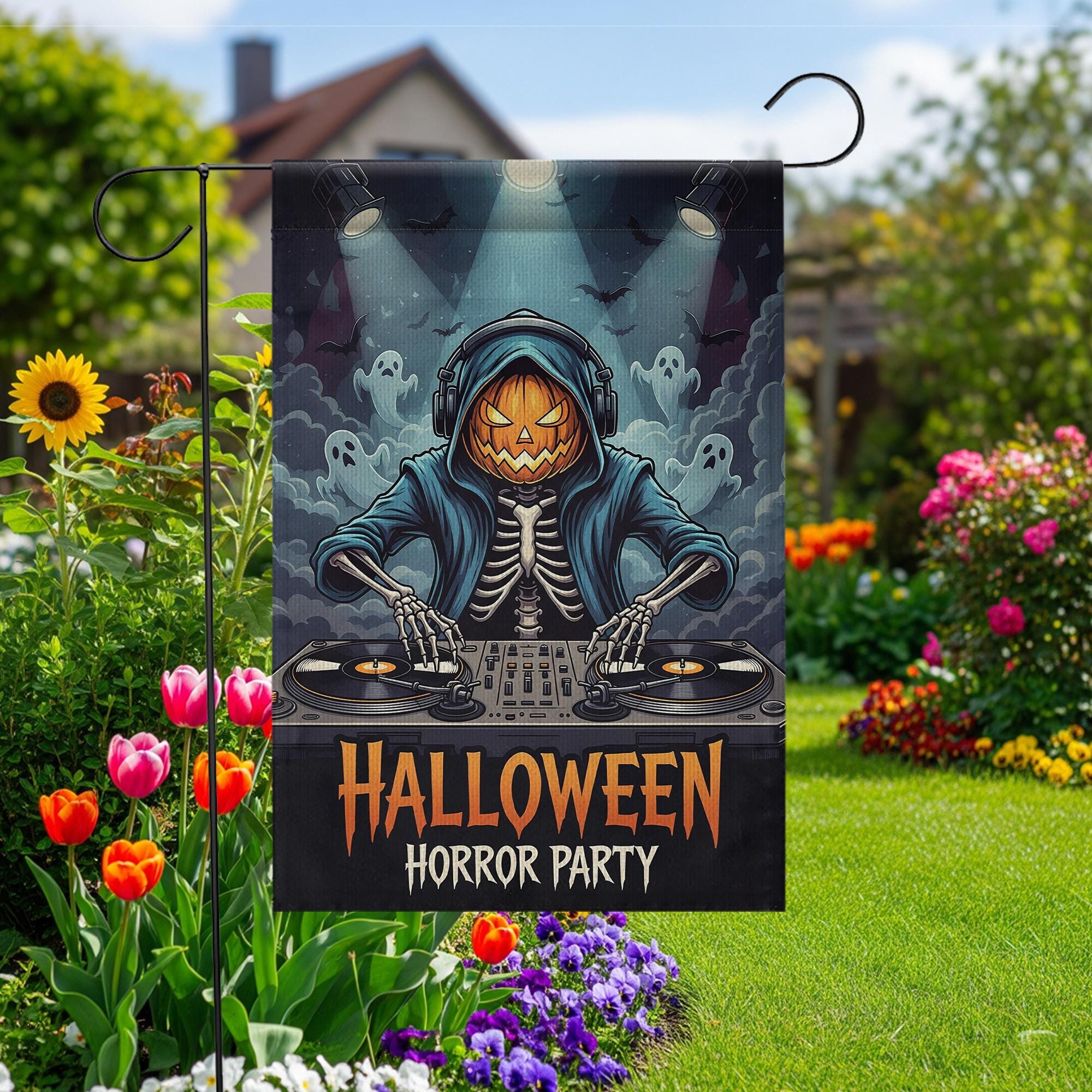 Halloween DJ Skeleton Garden Flag - Pumpkin Head Horror Party Yard Decor - Spooky Music Outdoor Decoration - Ghost DJ Fall Flag