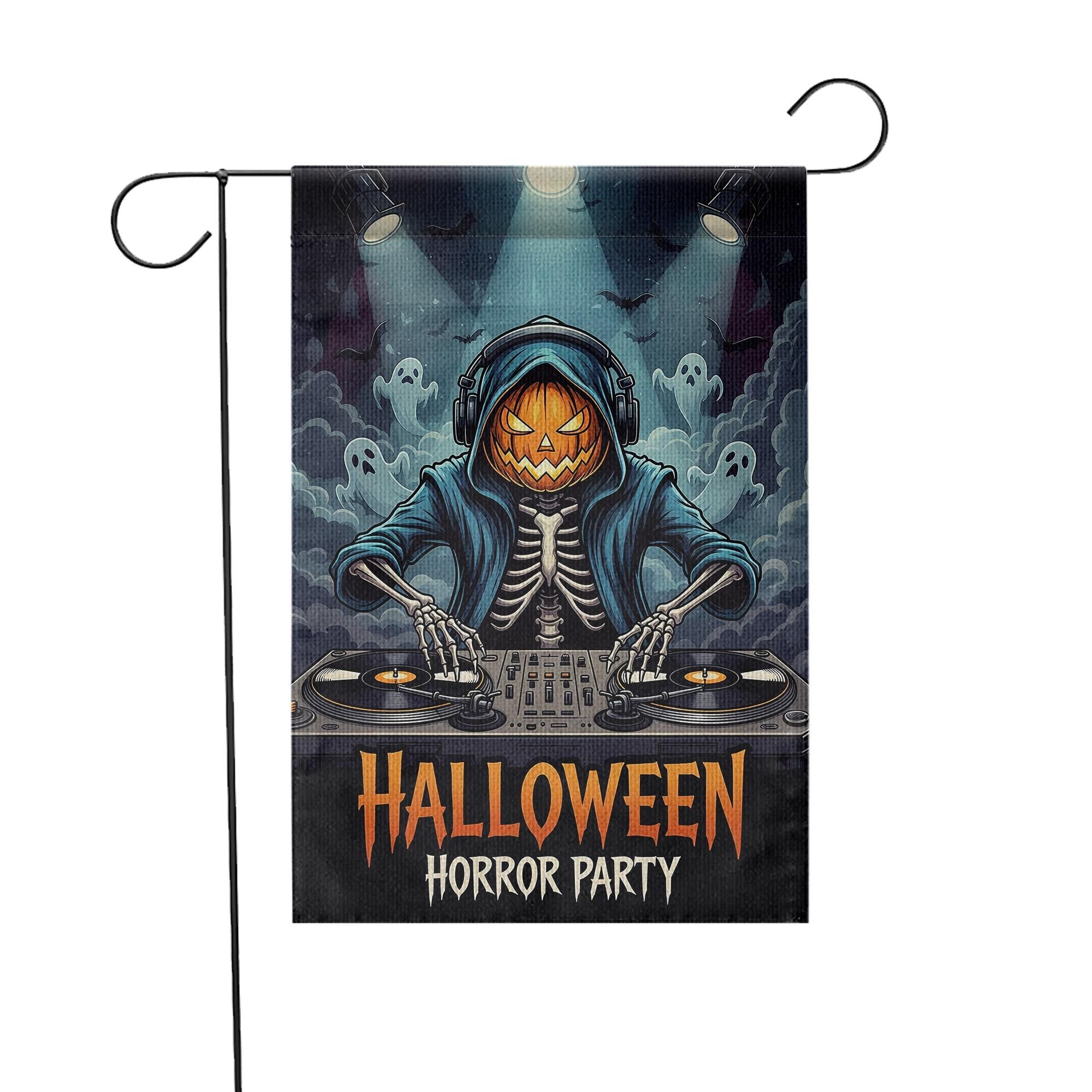 Halloween DJ Skeleton Garden Flag - Pumpkin Head Horror Party Yard Decor - Spooky Music Outdoor Decoration - Ghost DJ Fall Flag