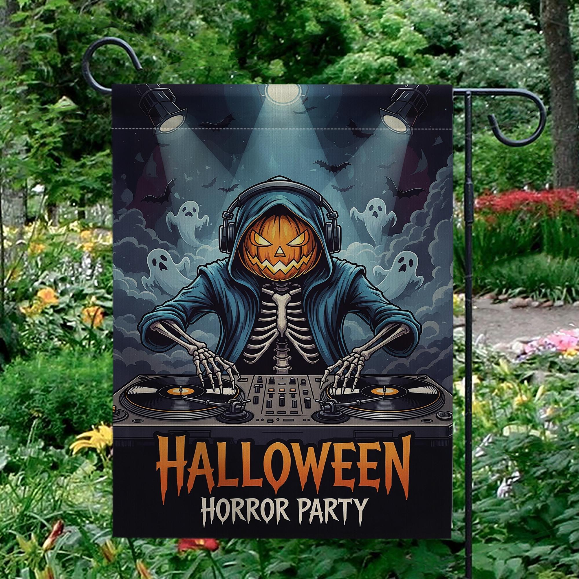 Halloween DJ Skeleton Garden Flag - Pumpkin Head Horror Party Yard Decor - Spooky Music Outdoor Decoration - Ghost DJ Fall Flag