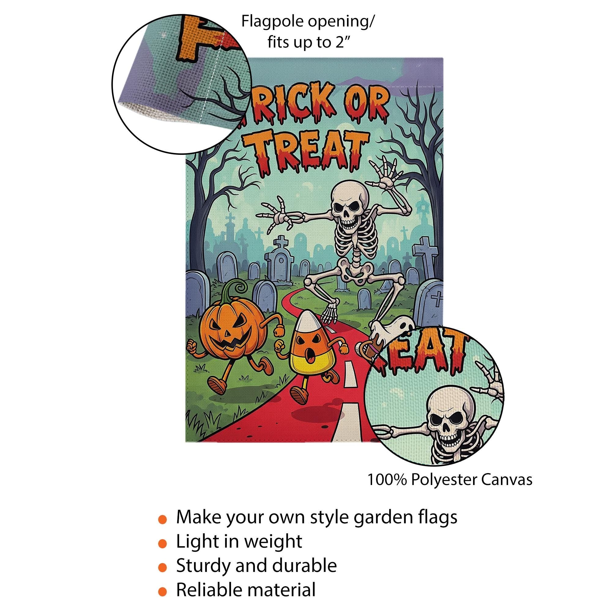 Trick or Treat Halloween Garden Flag - Cute Skeleton Ghost Candy Corn Yard Decor - Fun Spooky Outdoor Fall Decoration