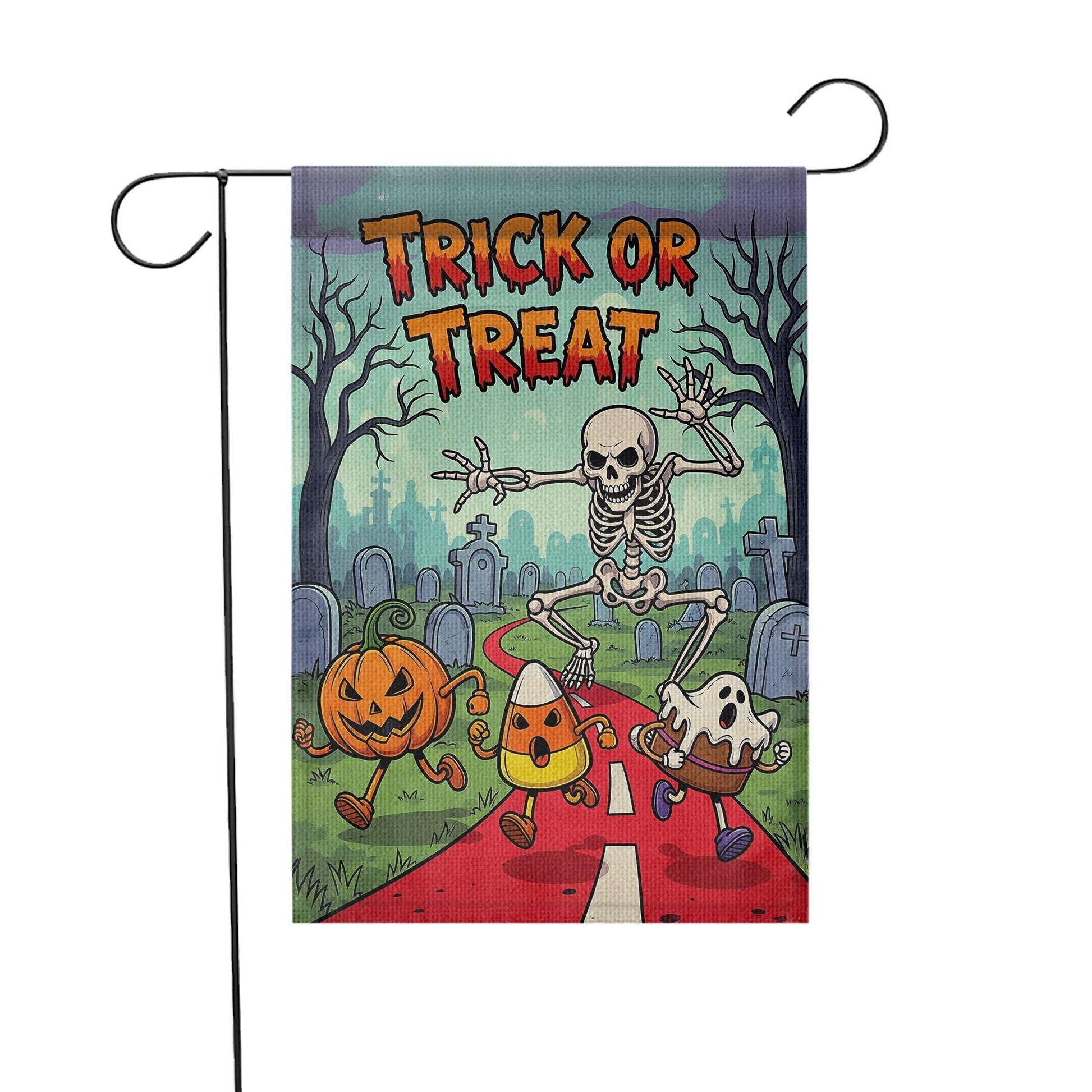 Trick or Treat Halloween Garden Flag - Cute Skeleton Ghost Candy Corn Yard Decor - Fun Spooky Outdoor Fall Decoration