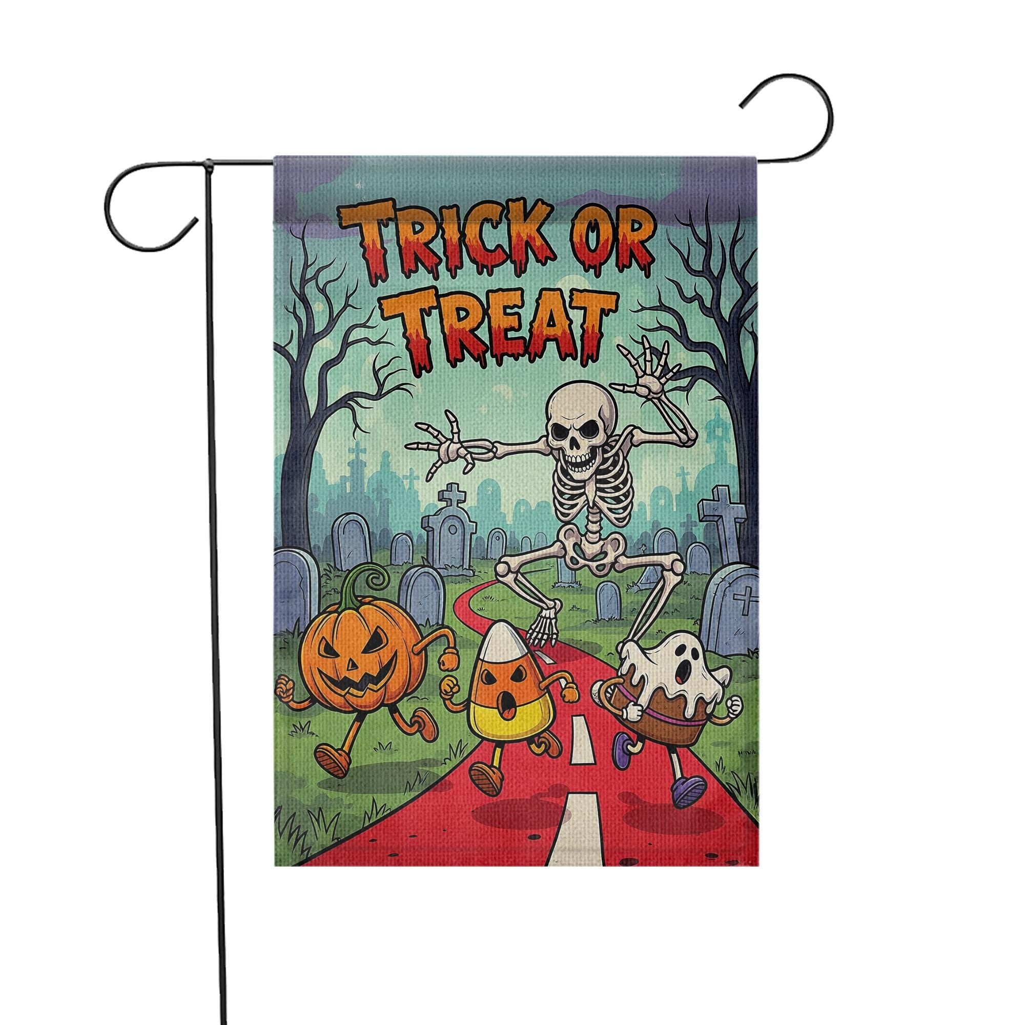 Trick or Treat Halloween Garden Flag - Cute Skeleton Ghost Candy Corn Yard Decor - Fun Spooky Outdoor Fall Decoration
