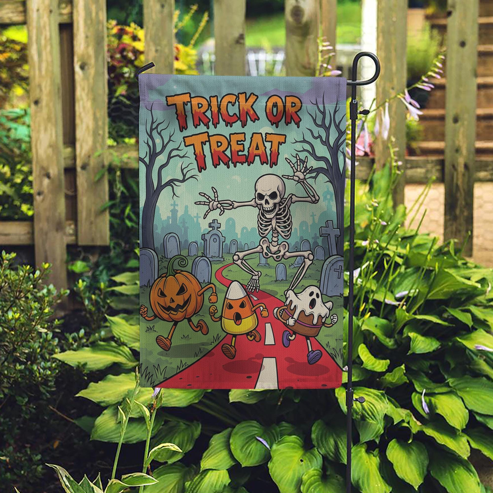 Trick or Treat Halloween Garden Flag - Cute Skeleton Ghost Candy Corn Yard Decor - Fun Spooky Outdoor Fall Decoration