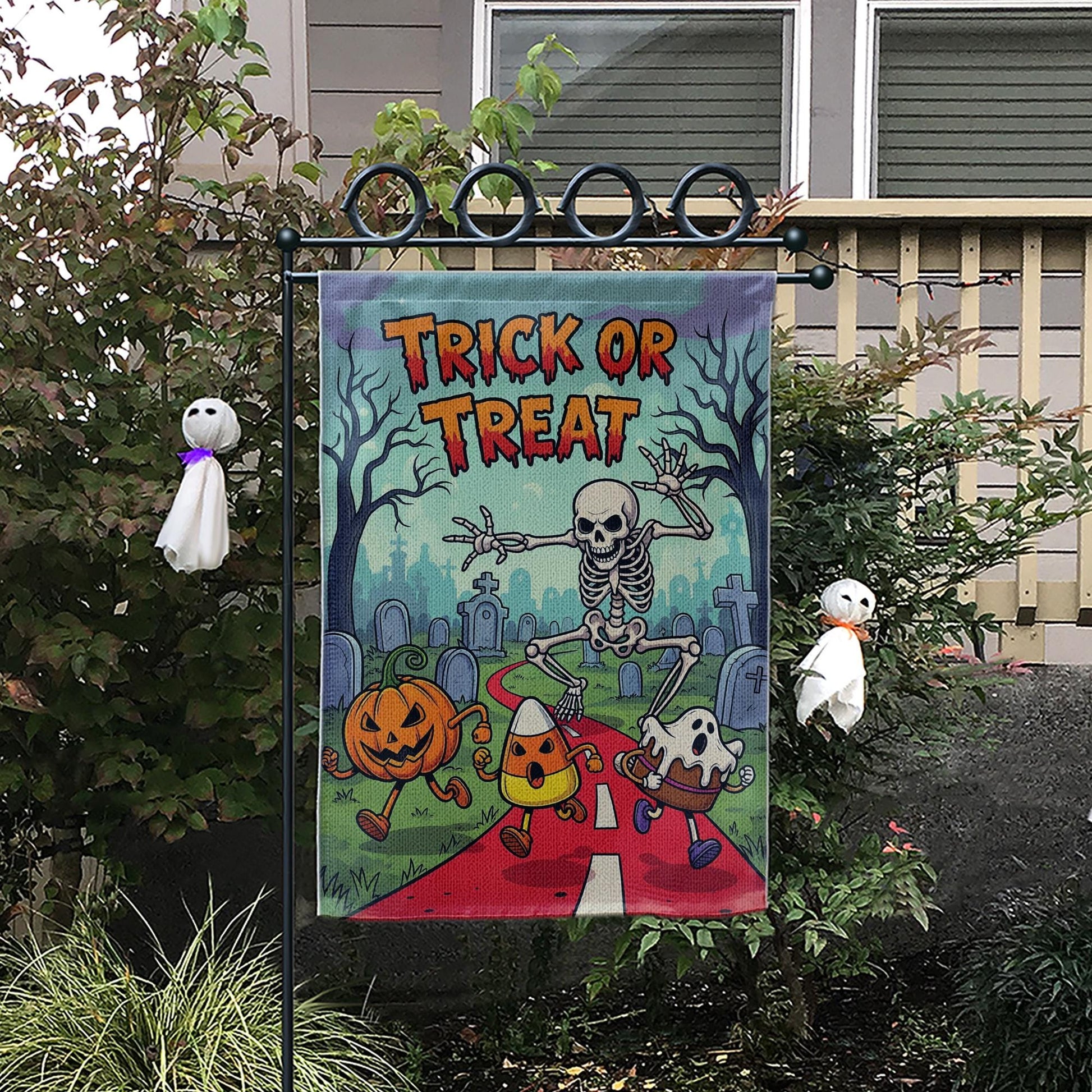 Trick or Treat Halloween Garden Flag - Cute Skeleton Ghost Candy Corn Yard Decor - Fun Spooky Outdoor Fall Decoration