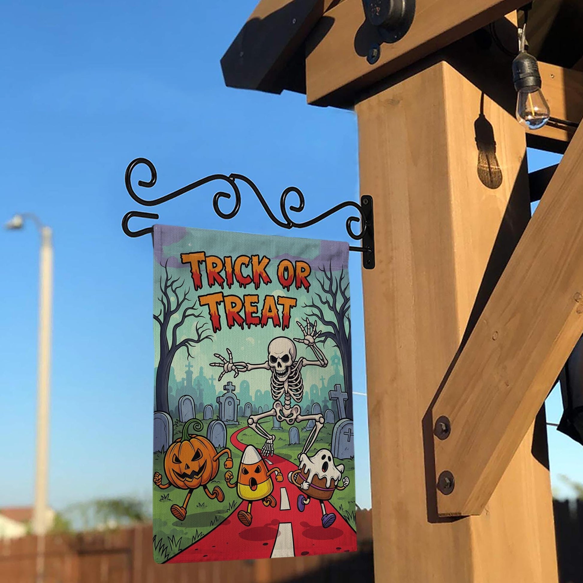 Trick or Treat Halloween Garden Flag - Cute Skeleton Ghost Candy Corn Yard Decor - Fun Spooky Outdoor Fall Decoration