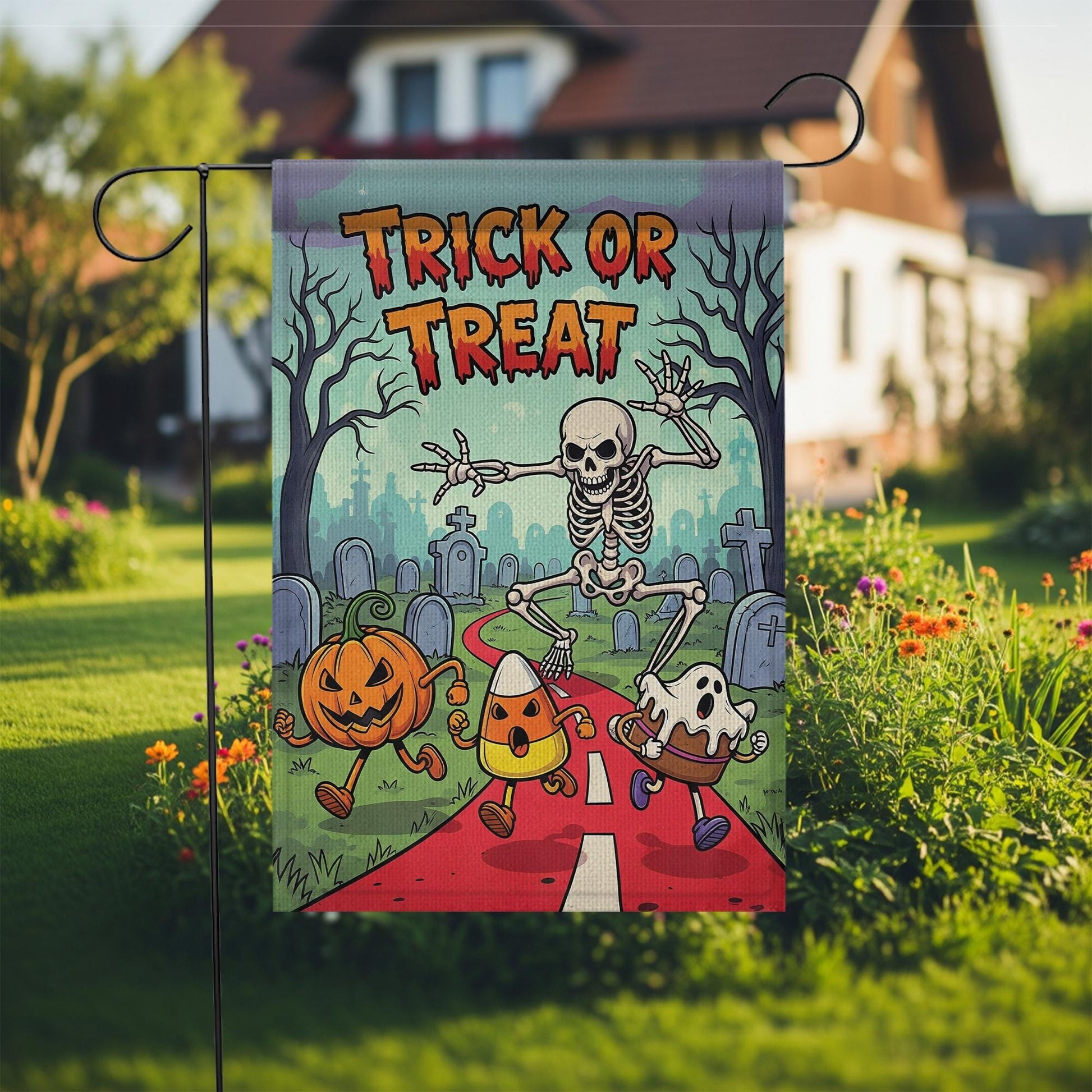 Trick or Treat Halloween Garden Flag - Cute Skeleton Ghost Candy Corn Yard Decor - Fun Spooky Outdoor Fall Decoration