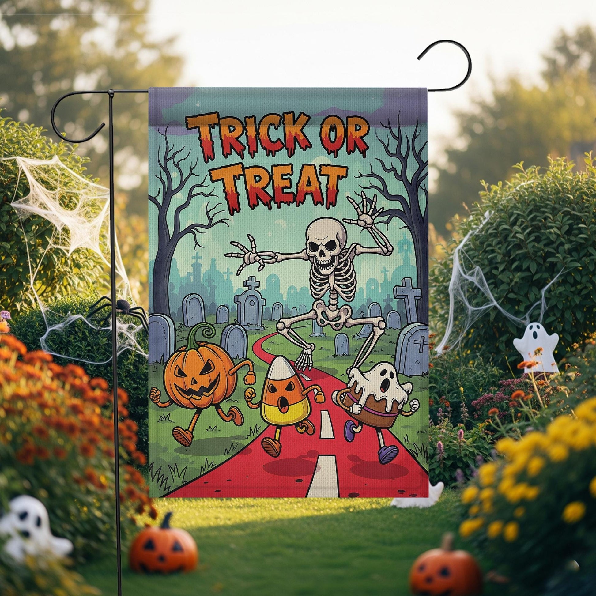 Trick or Treat Halloween Garden Flag - Cute Skeleton Ghost Candy Corn Yard Decor - Fun Spooky Outdoor Fall Decoration
