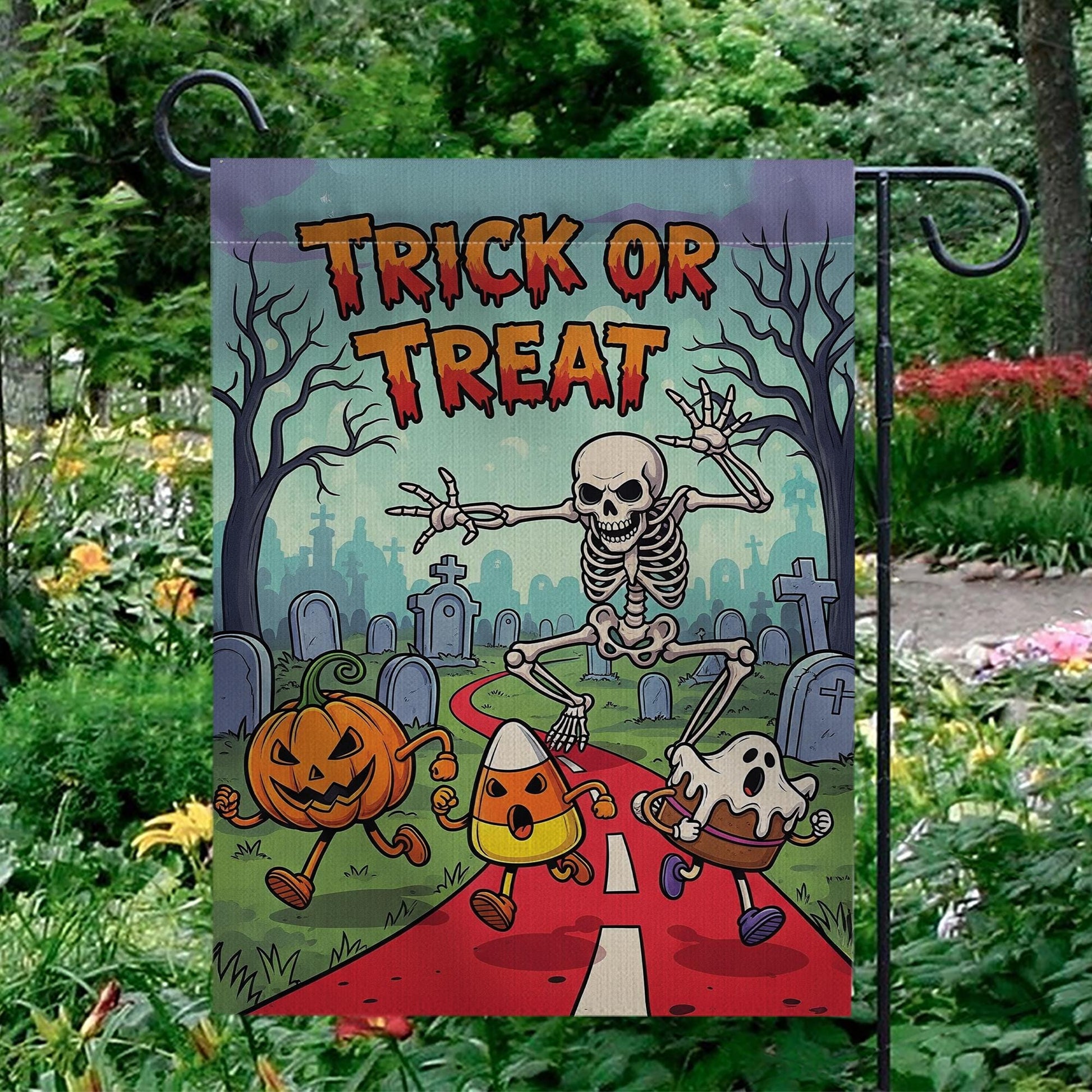 Trick or Treat Halloween Garden Flag - Cute Skeleton Ghost Candy Corn Yard Decor - Fun Spooky Outdoor Fall Decoration