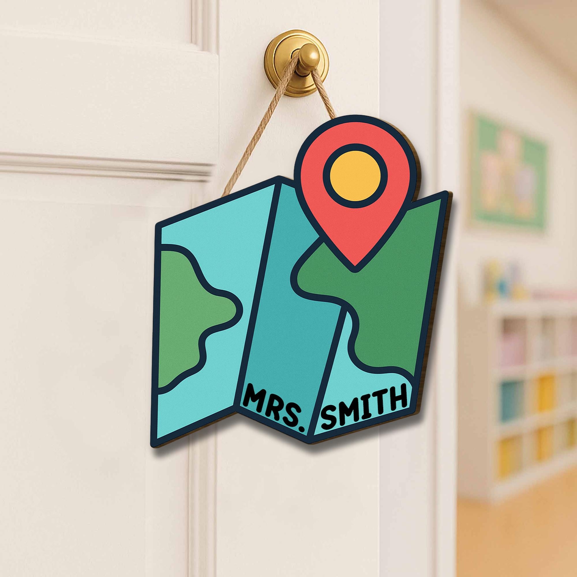 Personalized Map Classroom Door Sign – Custom Teacher Name Sign with Location Pin, Back to School Decor for Preschool or Elementary