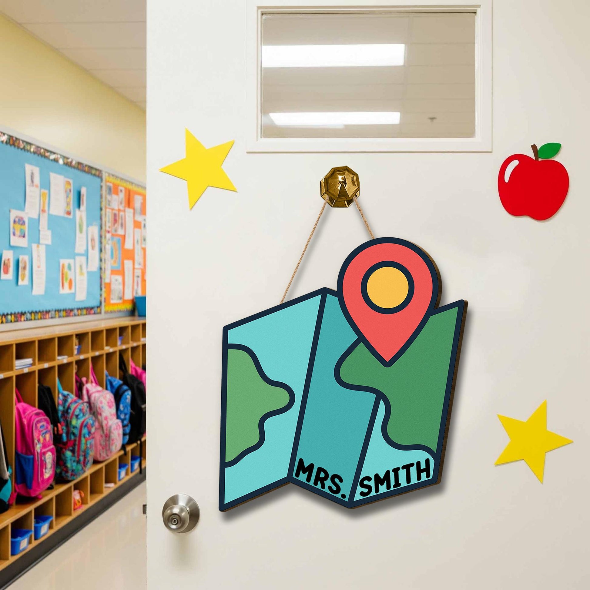 Personalized Map Classroom Door Sign – Custom Teacher Name Sign with Location Pin, Back to School Decor for Preschool or Elementary
