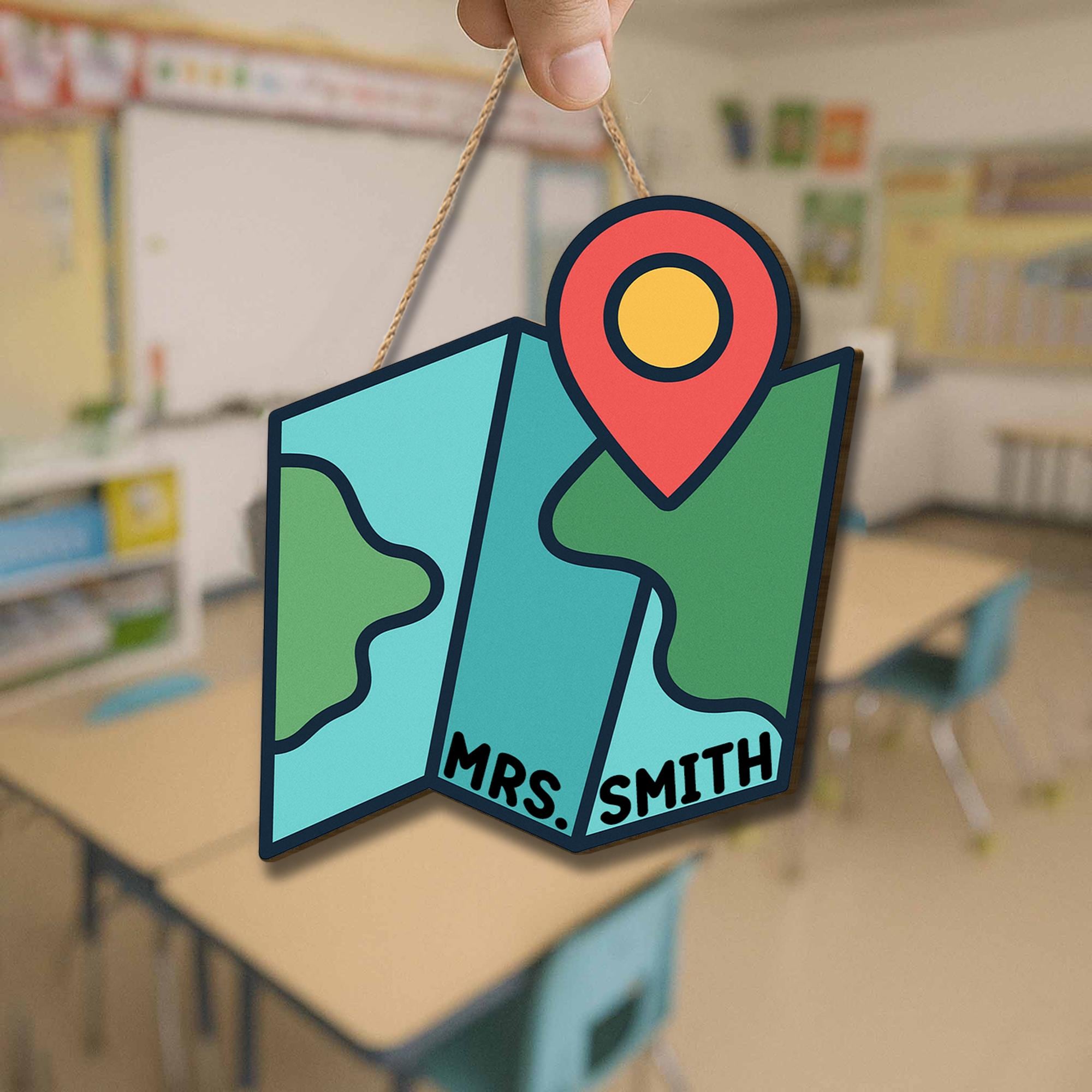 Personalized Map Classroom Door Sign – Custom Teacher Name Sign with Location Pin, Back to School Decor for Preschool or Elementary