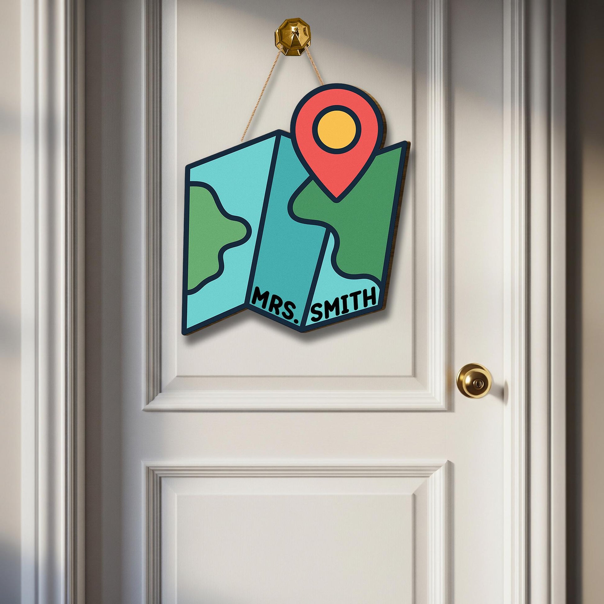 Personalized Map Classroom Door Sign – Custom Teacher Name Sign with Location Pin, Back to School Decor for Preschool or Elementary