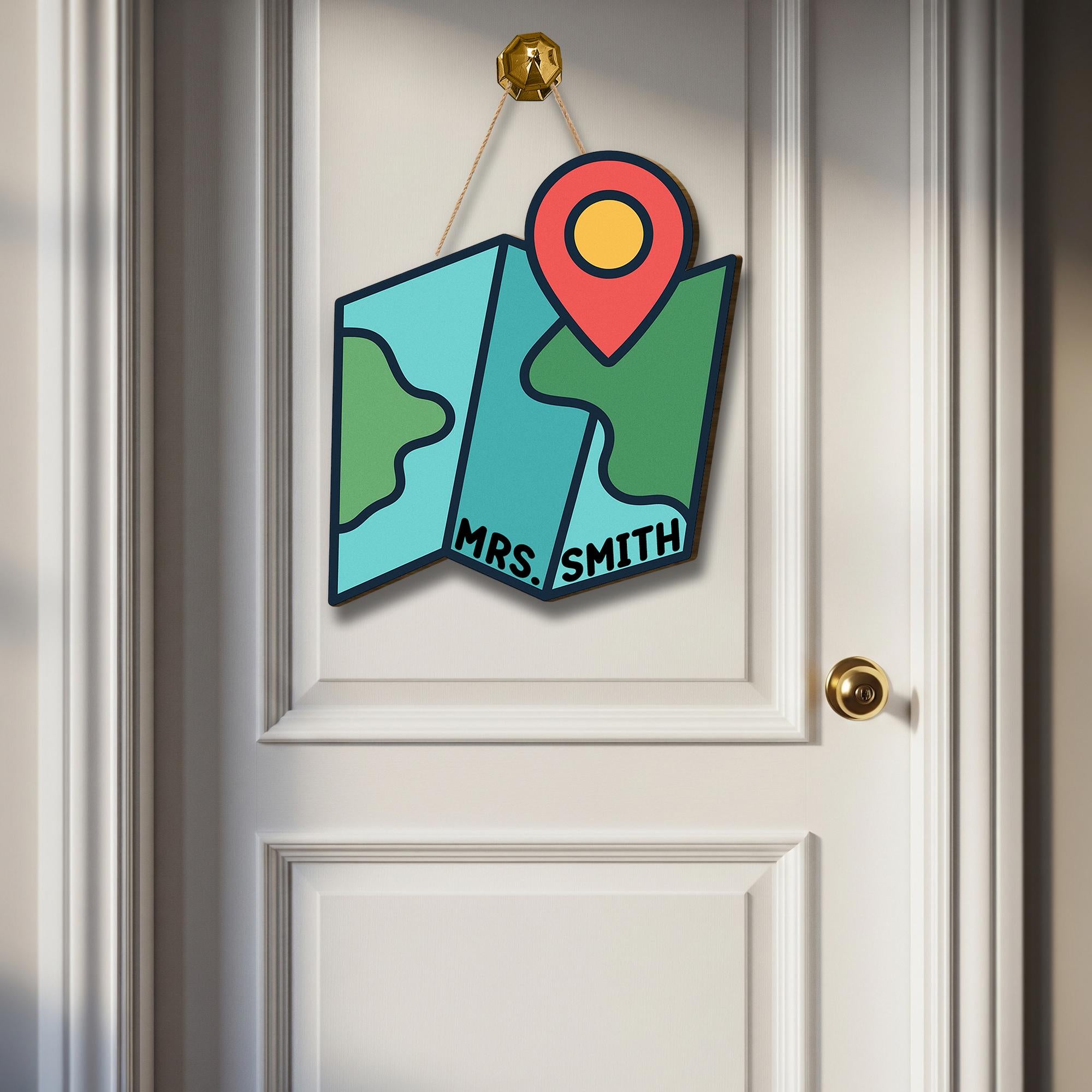 Personalized Map Classroom Door Sign – Custom Teacher Name Sign with Location Pin, Back to School Decor for Preschool or Elementary