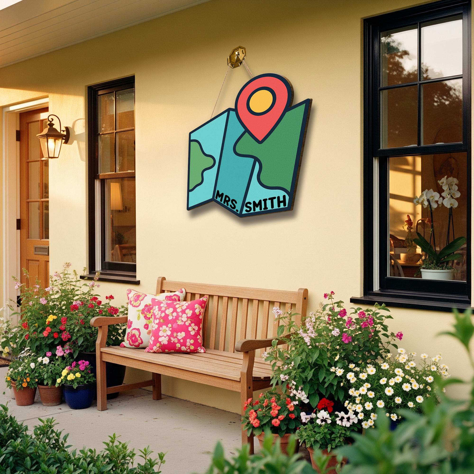 Personalized Map Classroom Door Sign – Custom Teacher Name Sign with Location Pin, Back to School Decor for Preschool or Elementary