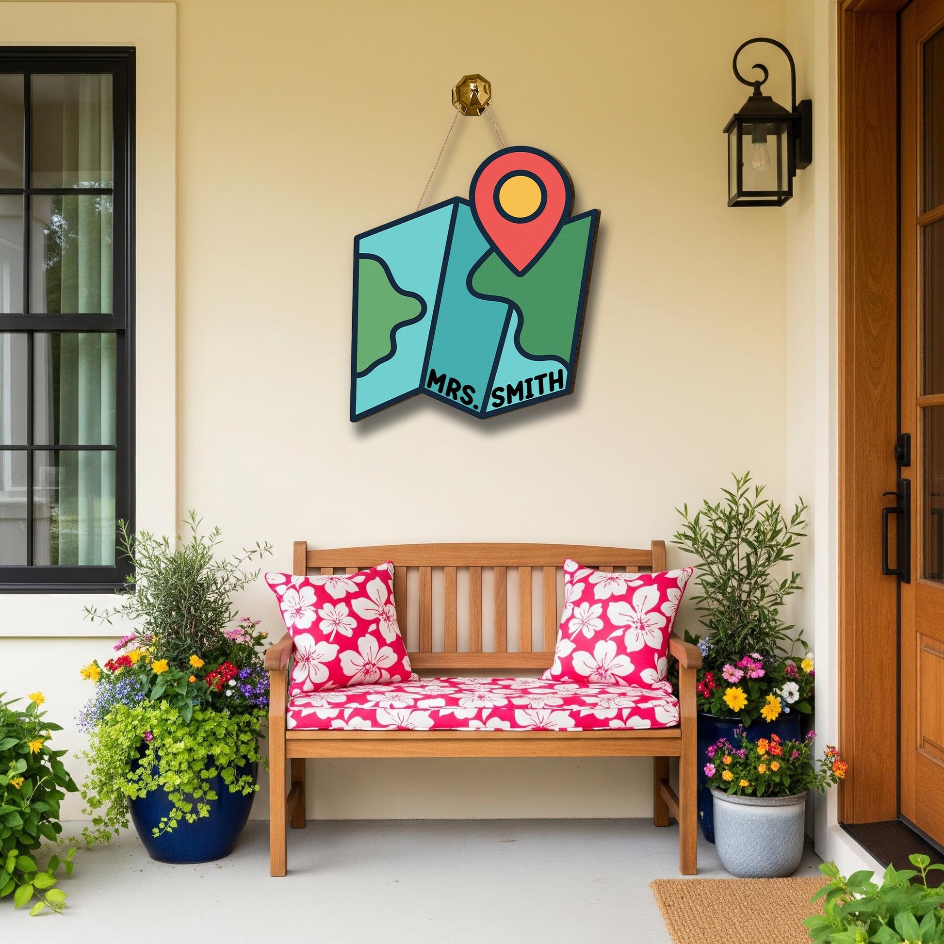 Personalized Map Classroom Door Sign – Custom Teacher Name Sign with Location Pin, Back to School Decor for Preschool or Elementary