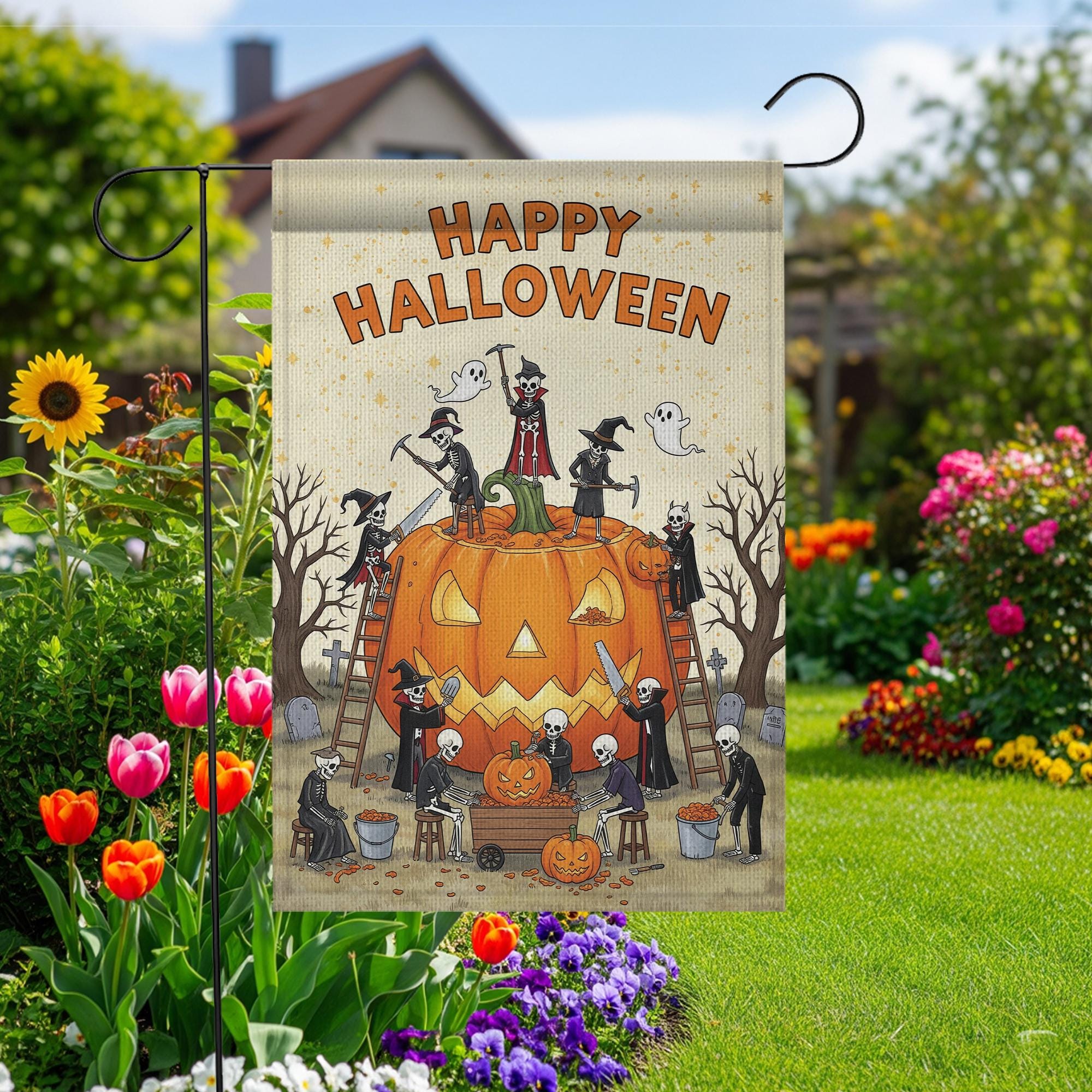 Vintage Halloween Garden Flag - Happy Halloween Skeletons & Witches Pumpkin Decor - Fall Outdoor Yard Decoration
