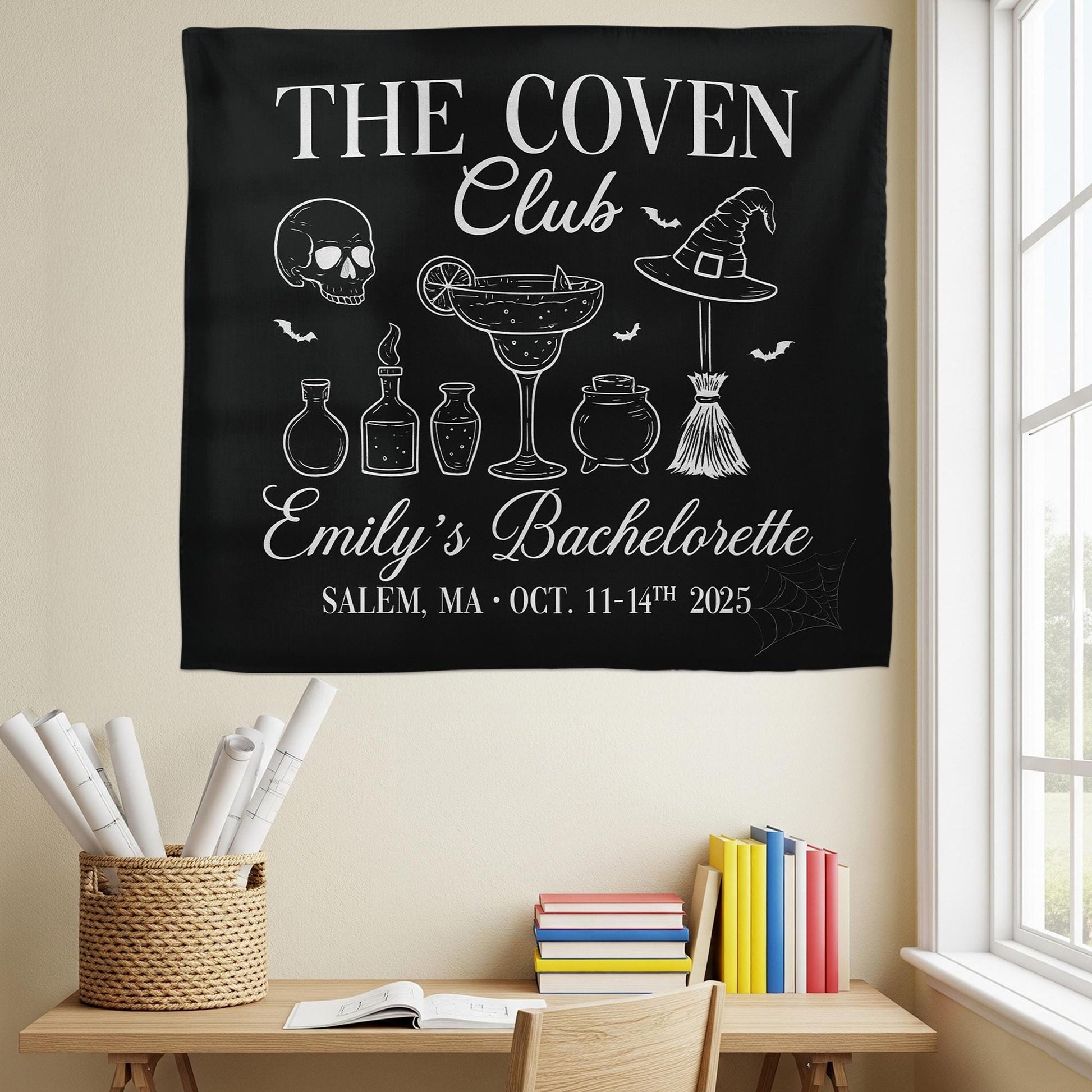 Coven Club Bachelorette Banner – Witch Themed Party Decor, Custom Halloween Bach Backdrop, Salem Bachelorette Weekend Sign, Spooky Tapestry