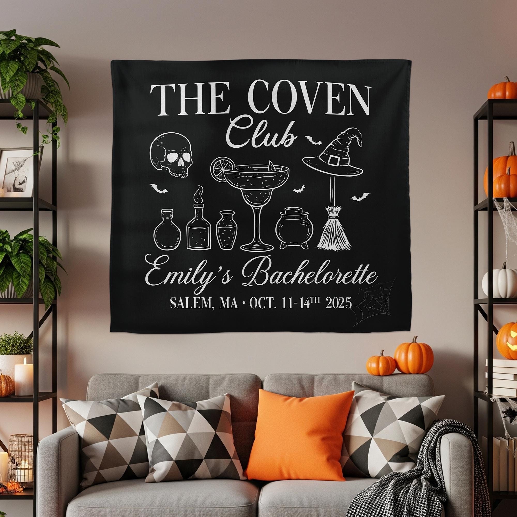 Coven Club Bachelorette Banner – Witch Themed Party Decor, Custom Halloween Bach Backdrop, Salem Bachelorette Weekend Sign, Spooky Tapestry