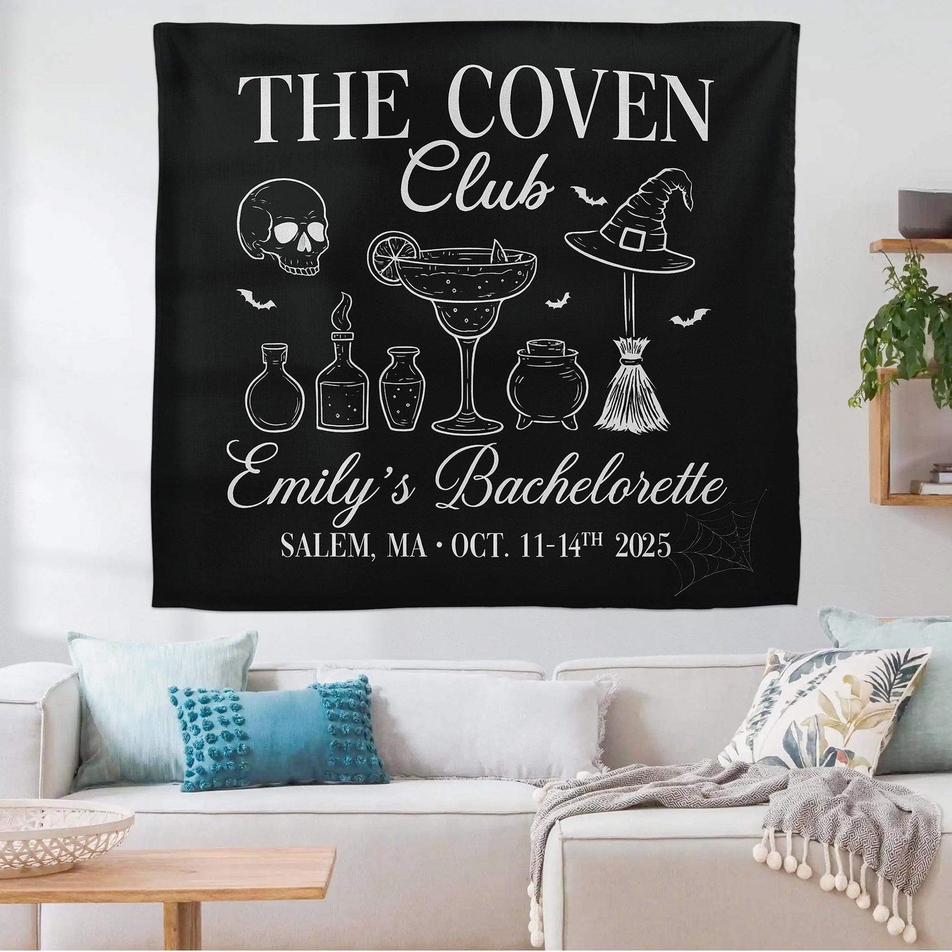 Coven Club Bachelorette Banner – Witch Themed Party Decor, Custom Halloween Bach Backdrop, Salem Bachelorette Weekend Sign, Spooky Tapestry
