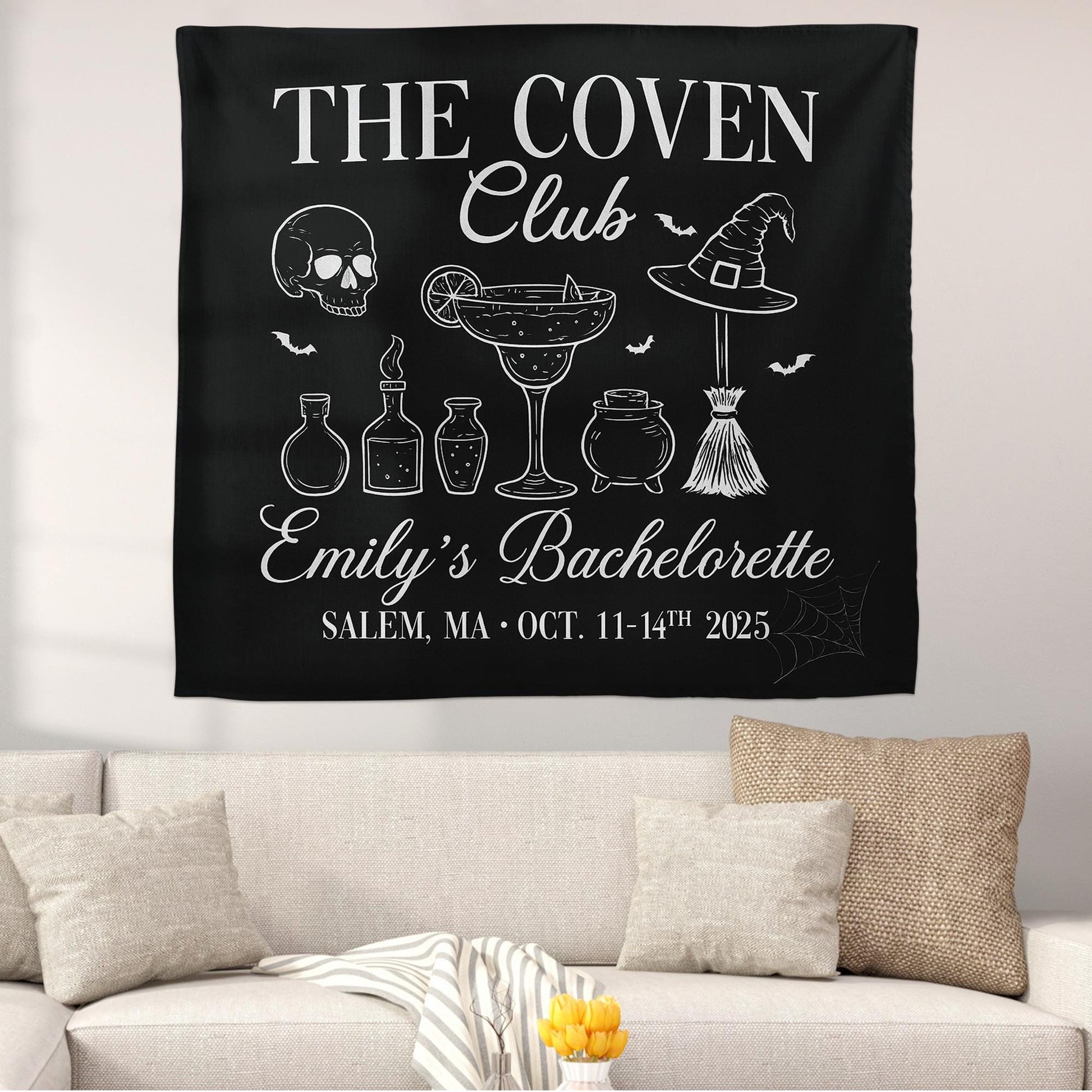 Coven Club Bachelorette Banner – Witch Themed Party Decor, Custom Halloween Bach Backdrop, Salem Bachelorette Weekend Sign, Spooky Tapestry